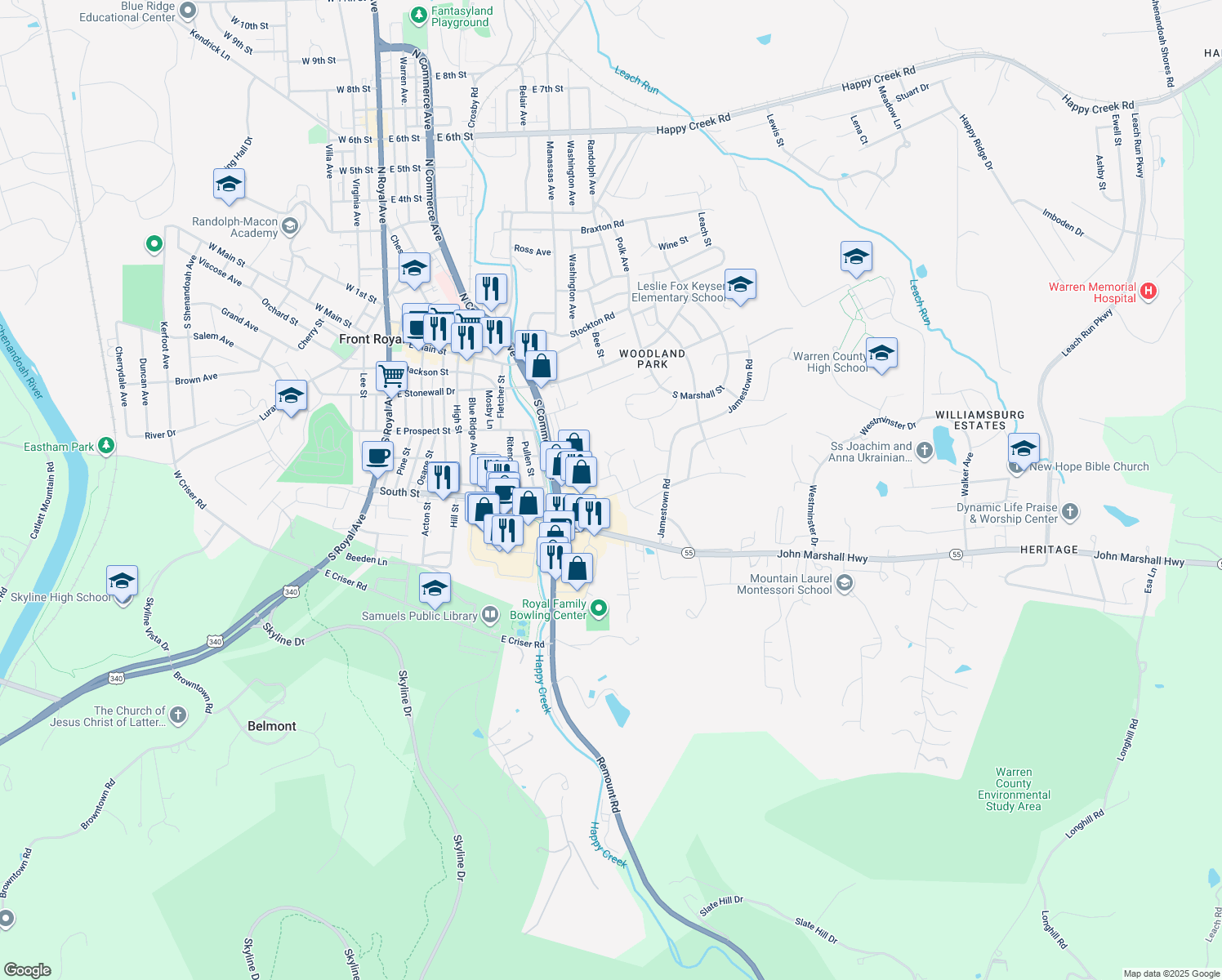 map of restaurants, bars, coffee shops, grocery stores, and more near 10 Portsmouth Rd in Front Royal