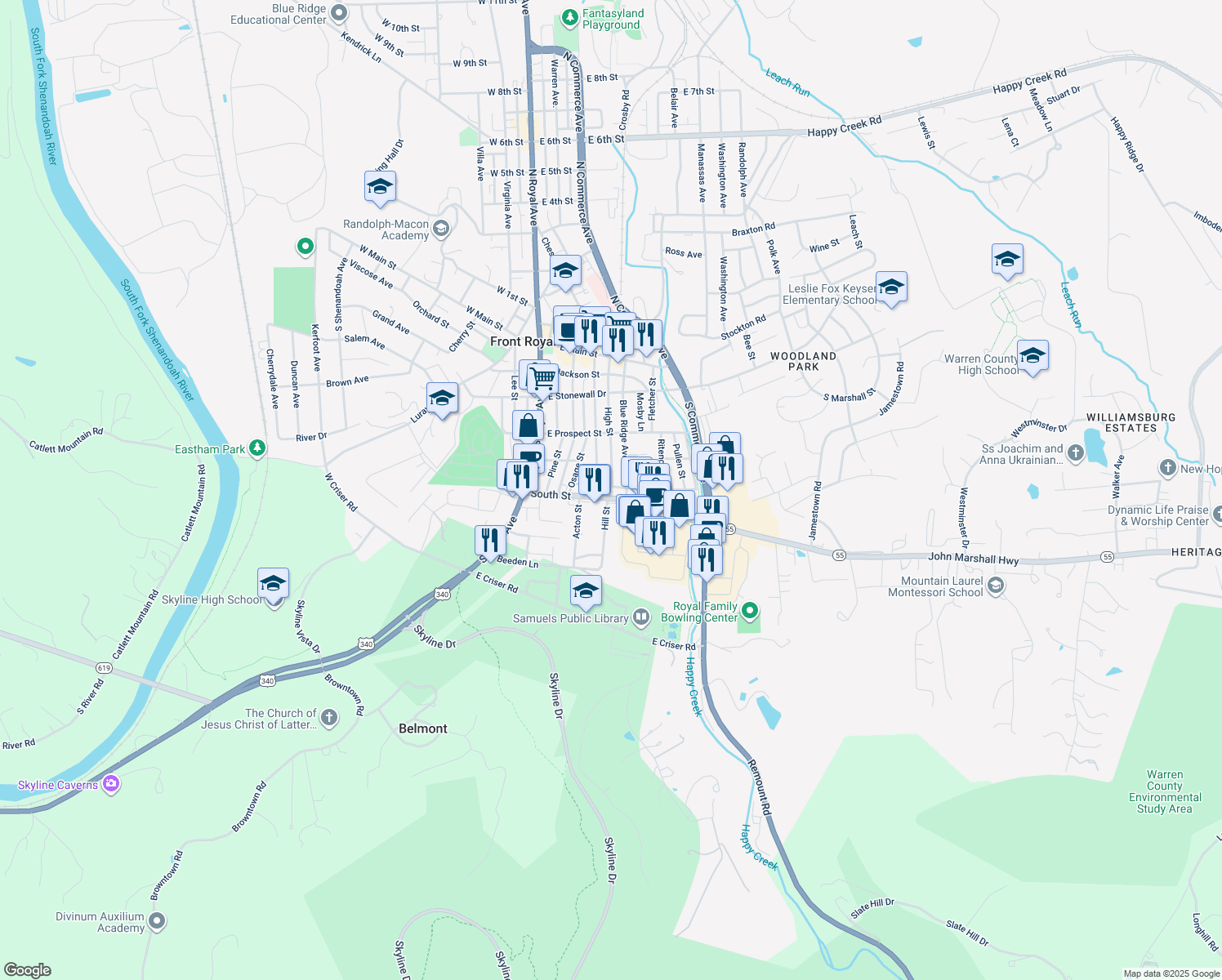 map of restaurants, bars, coffee shops, grocery stores, and more near 237 Short Street in Front Royal