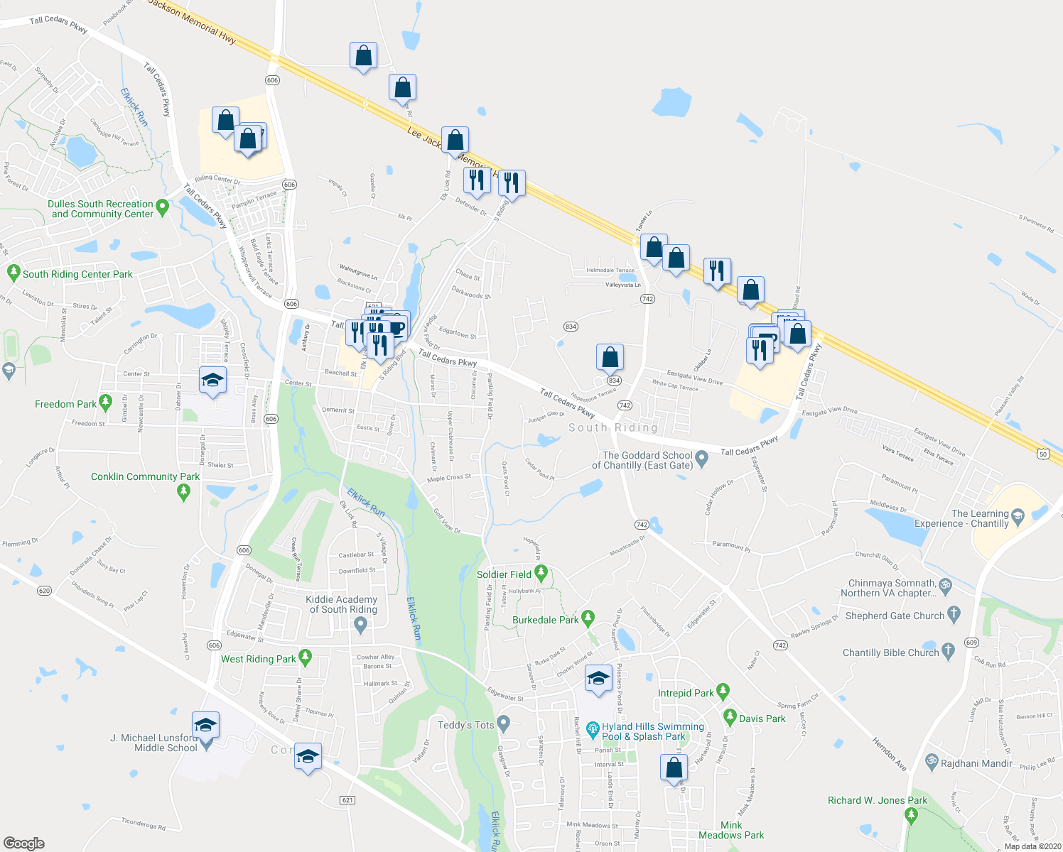 map of restaurants, bars, coffee shops, grocery stores, and more near 43347 Juniper Glen Drive in Chantilly