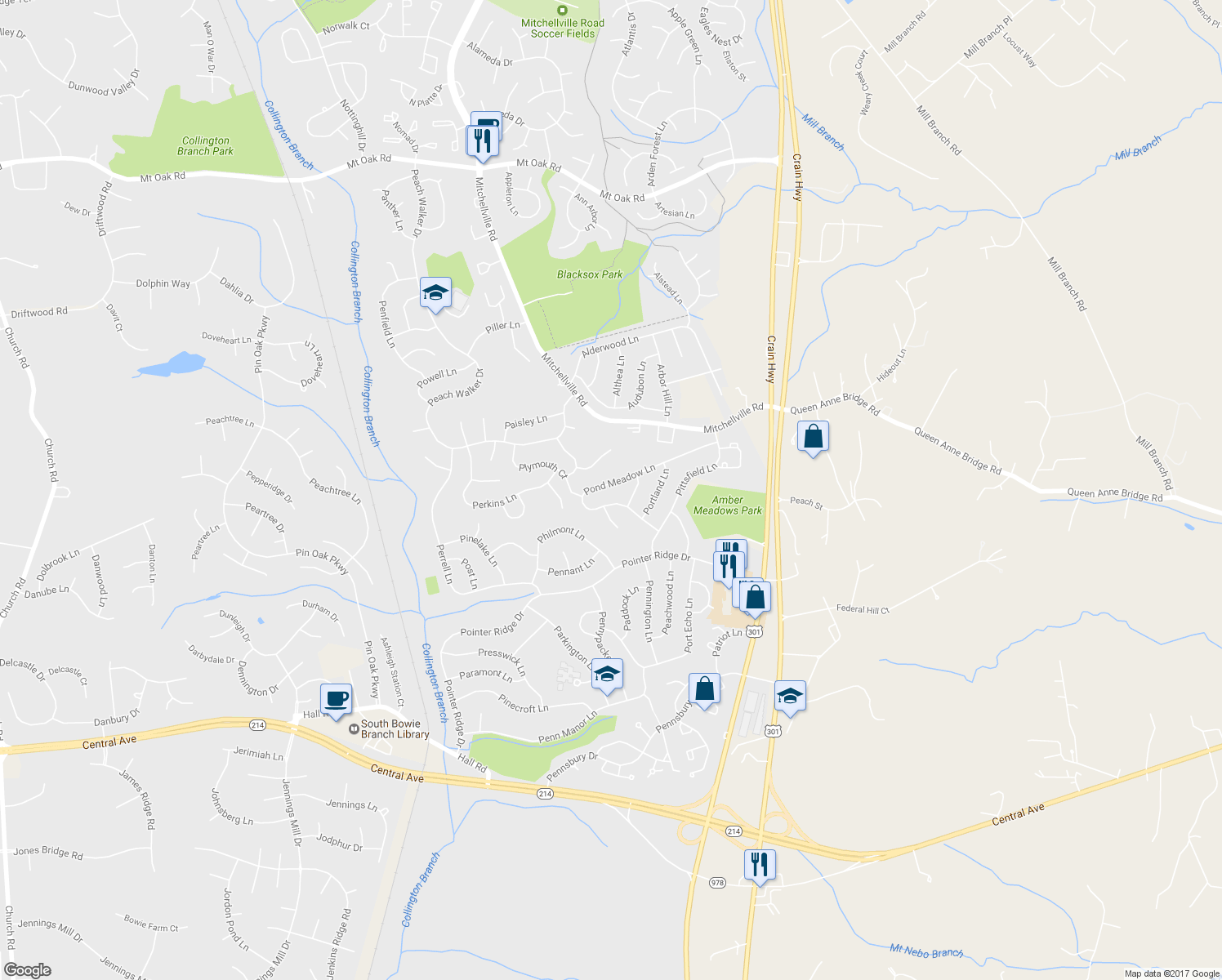 map of restaurants, bars, coffee shops, grocery stores, and more near 16111 Pond Meadow Lane in Bowie
