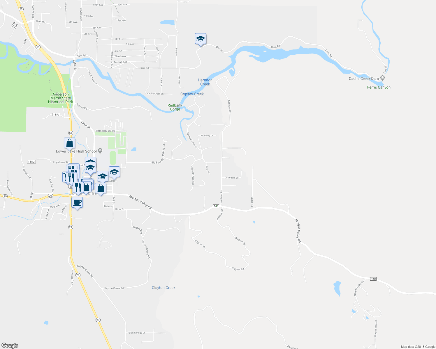 map of restaurants, bars, coffee shops, grocery stores, and more near 9661 Bonham Road in Lower Lake