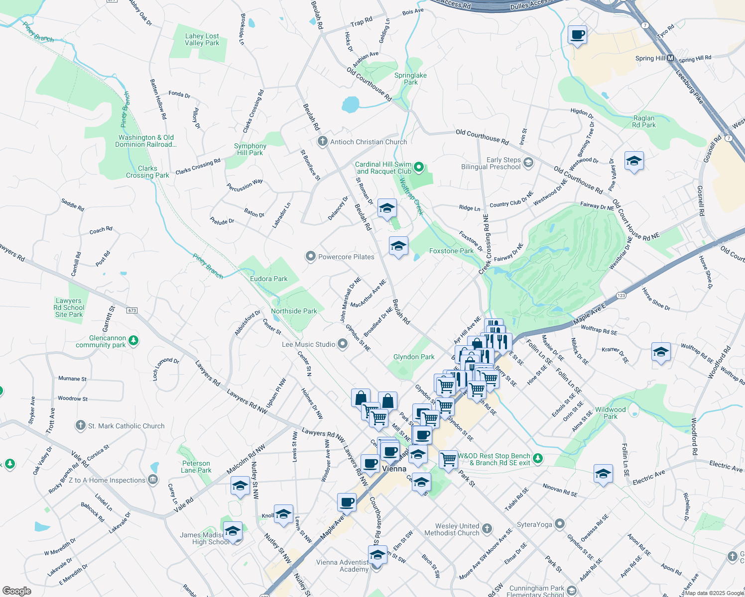 map of restaurants, bars, coffee shops, grocery stores, and more near 415 Macarthur Avenue Northeast in Vienna