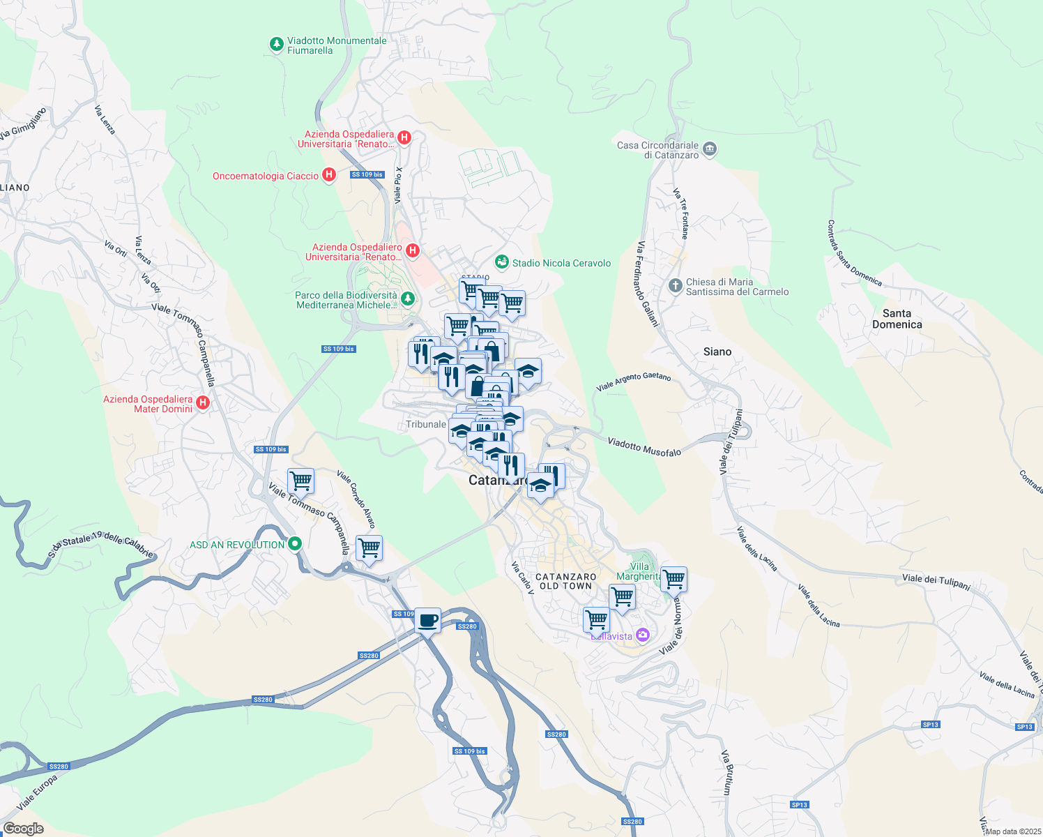 map of restaurants, bars, coffee shops, grocery stores, and more near Via Gaetano Alberti in Catanzaro