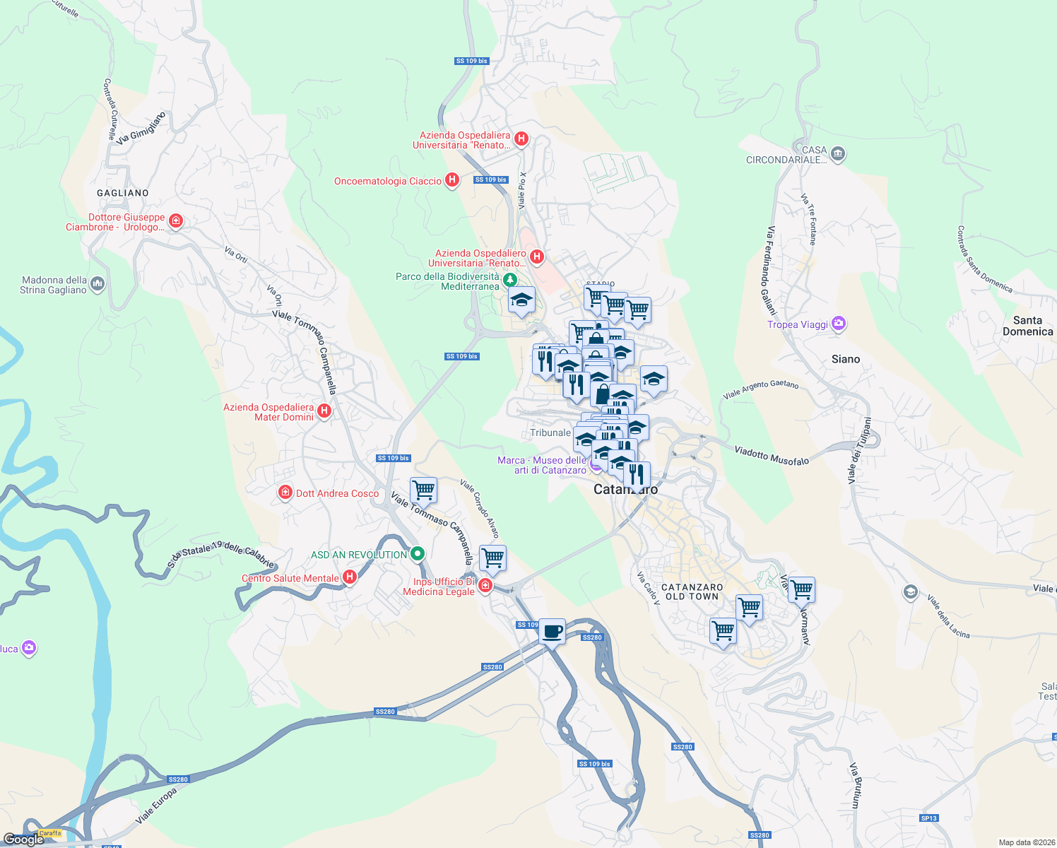 map of restaurants, bars, coffee shops, grocery stores, and more near 138 Via Francesco Crispi in Catanzaro