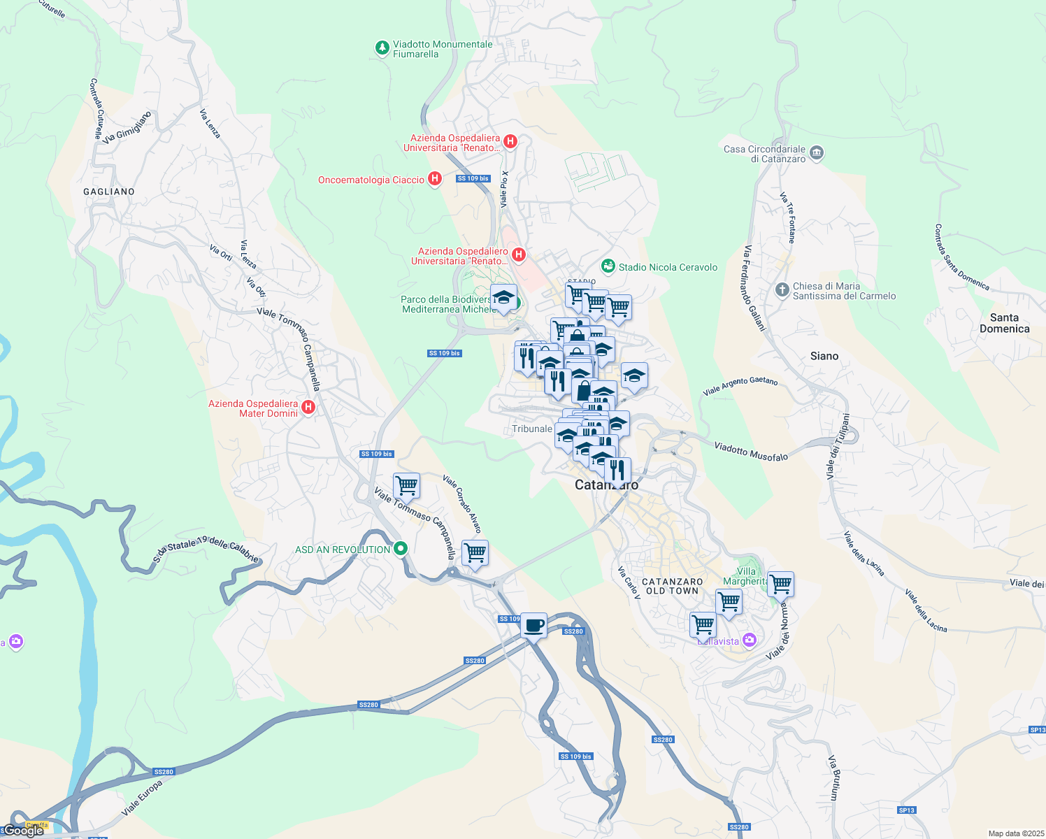 map of restaurants, bars, coffee shops, grocery stores, and more near 138 Via Francesco Crispi in Catanzaro
