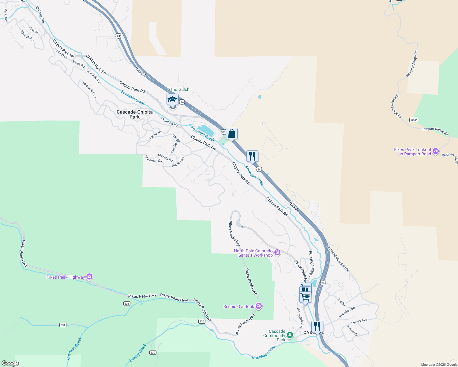 map of restaurants, bars, coffee shops, grocery stores, and more near 8810 Ute Road in Cascade-Chipita Park