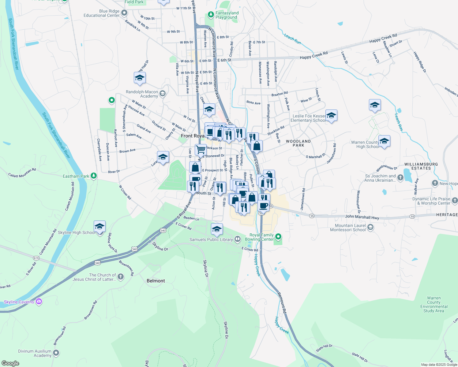 map of restaurants, bars, coffee shops, grocery stores, and more near 337 Blue Ridge Avenue in Front Royal