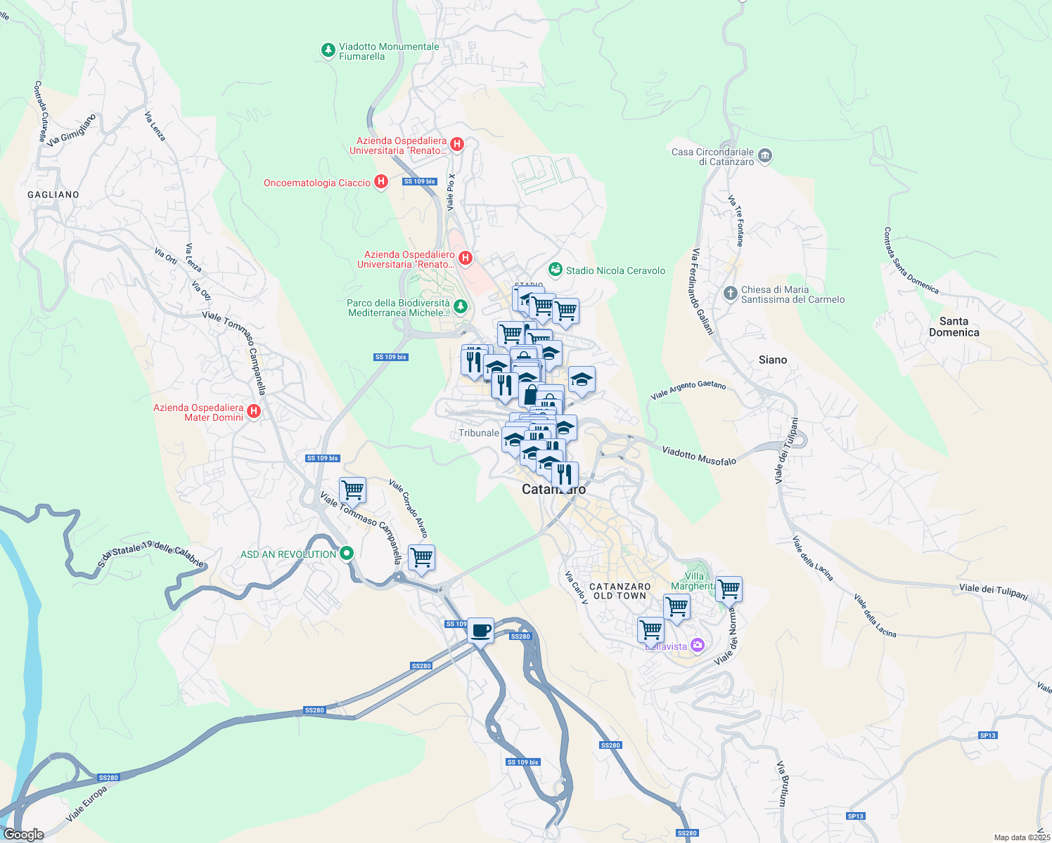 map of restaurants, bars, coffee shops, grocery stores, and more near 24 Via Milano in Catanzaro