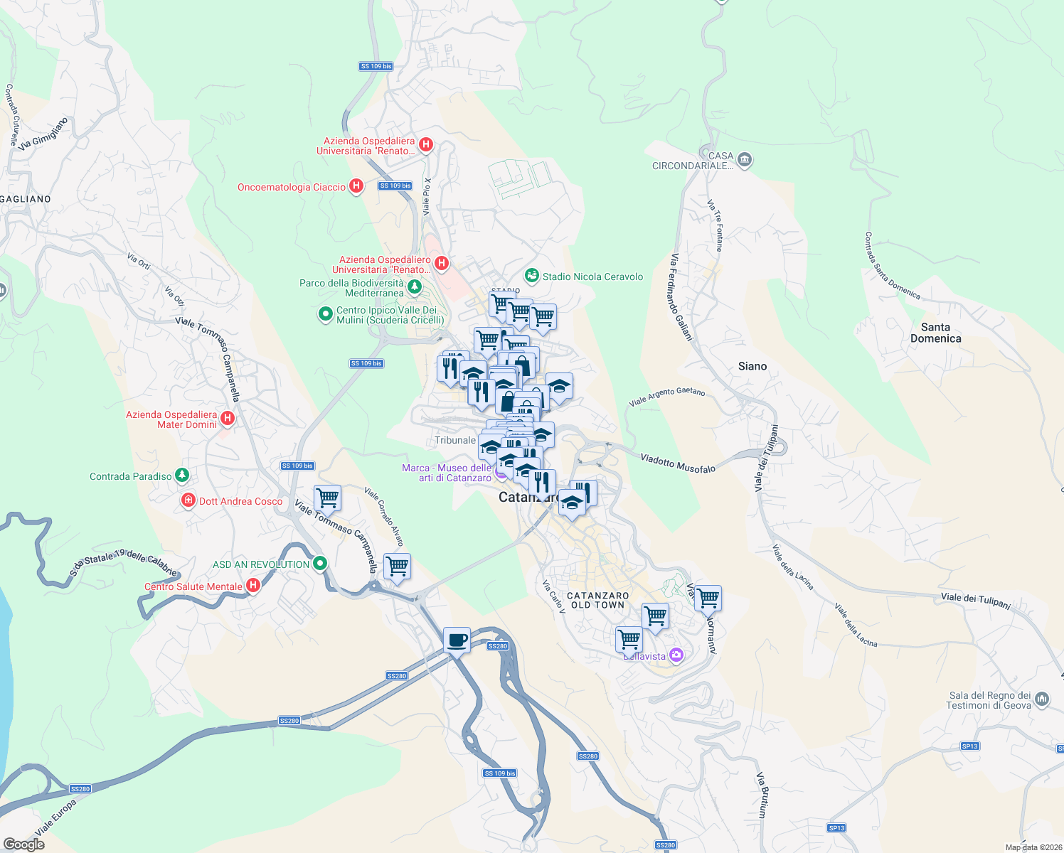 map of restaurants, bars, coffee shops, grocery stores, and more near Via Gaetano Alberti in Catanzaro