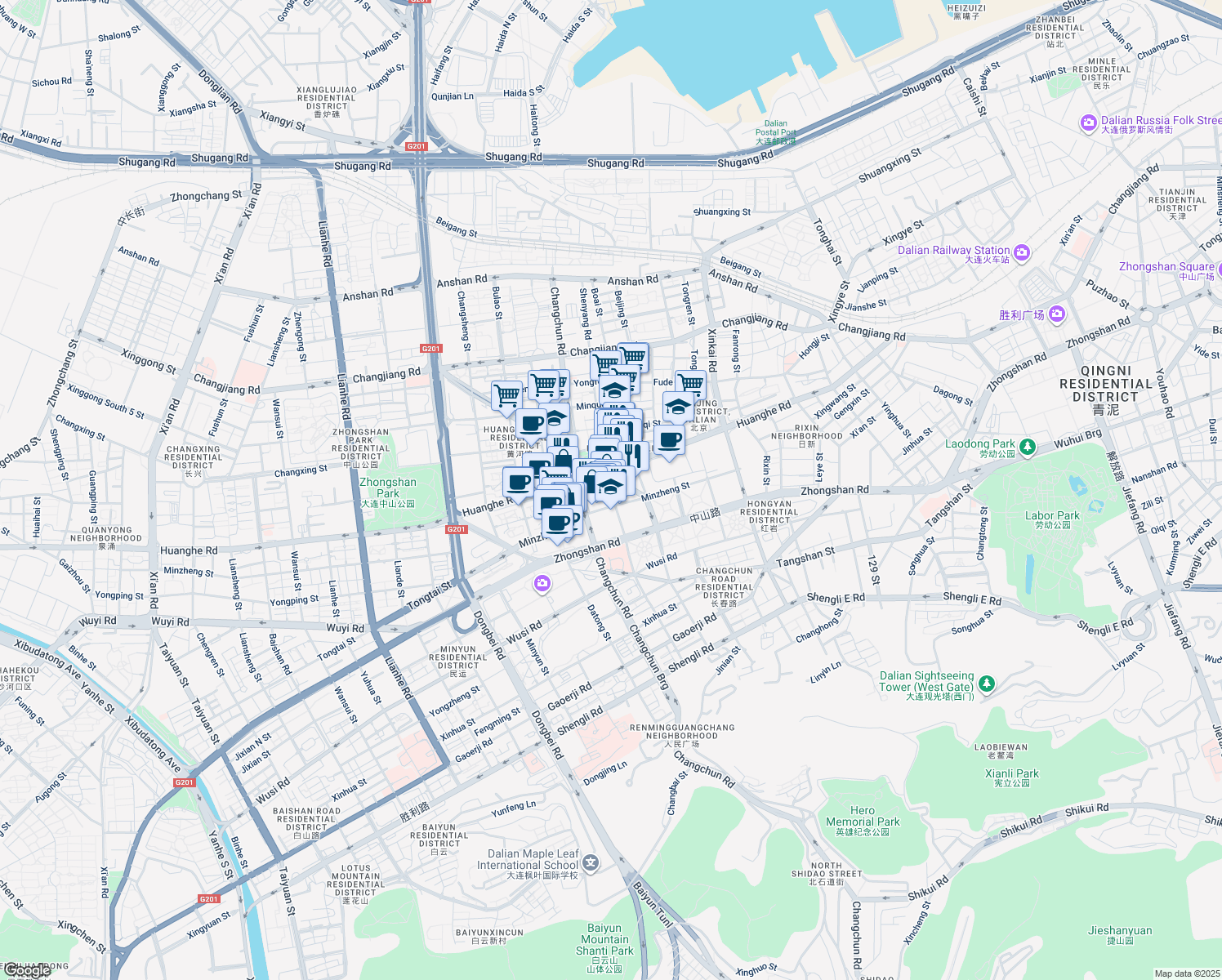map of restaurants, bars, coffee shops, grocery stores, and more near 121 Shen Yang Lu in Dalian Shi