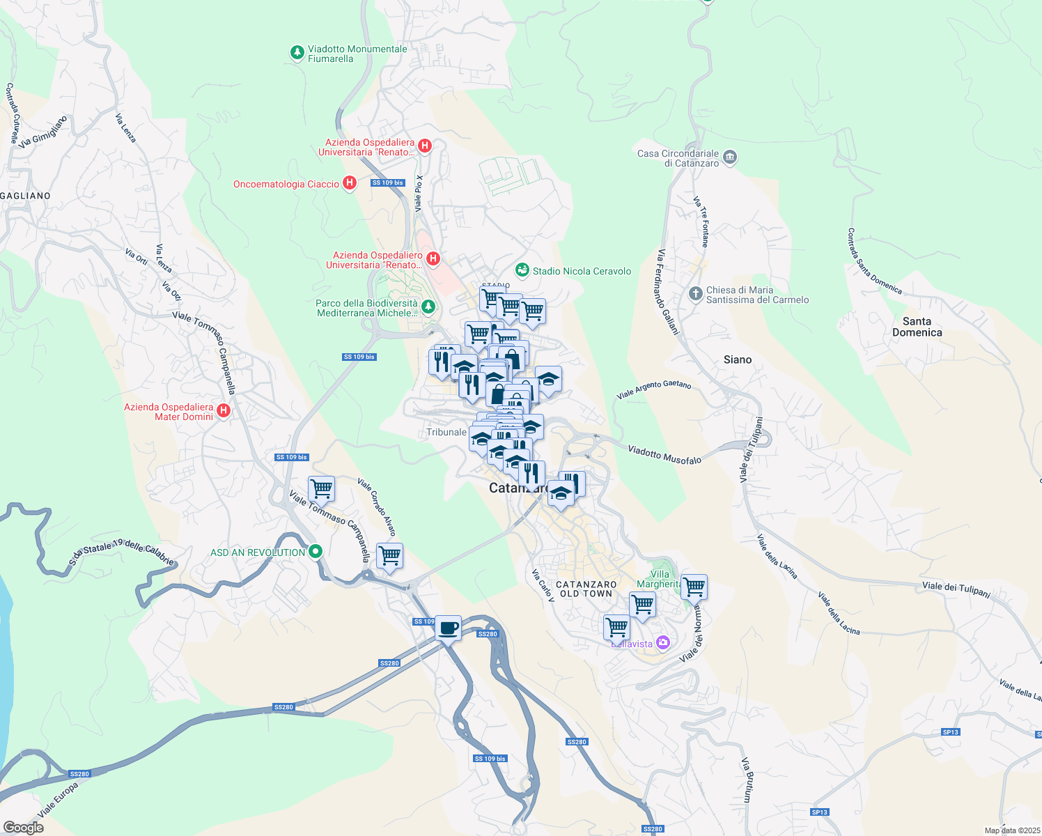 map of restaurants, bars, coffee shops, grocery stores, and more near Via Gaetano Alberti in Catanzaro