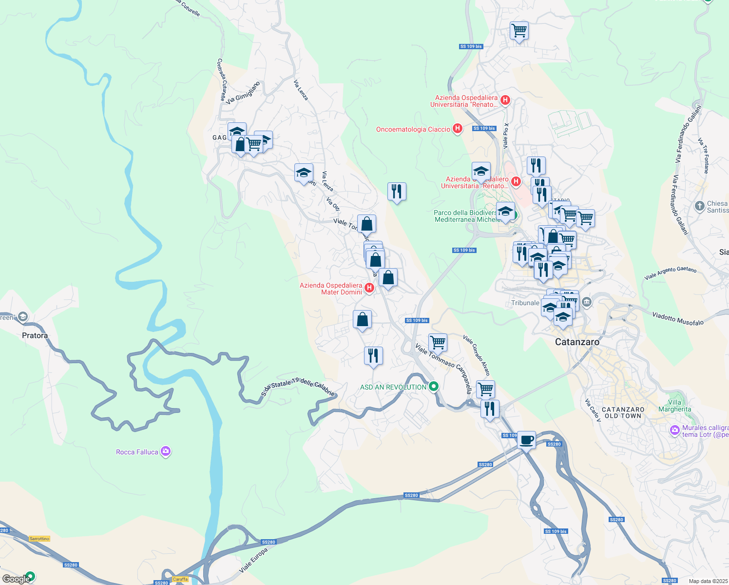 map of restaurants, bars, coffee shops, grocery stores, and more near 10 Via Michele Torcia in Catanzaro