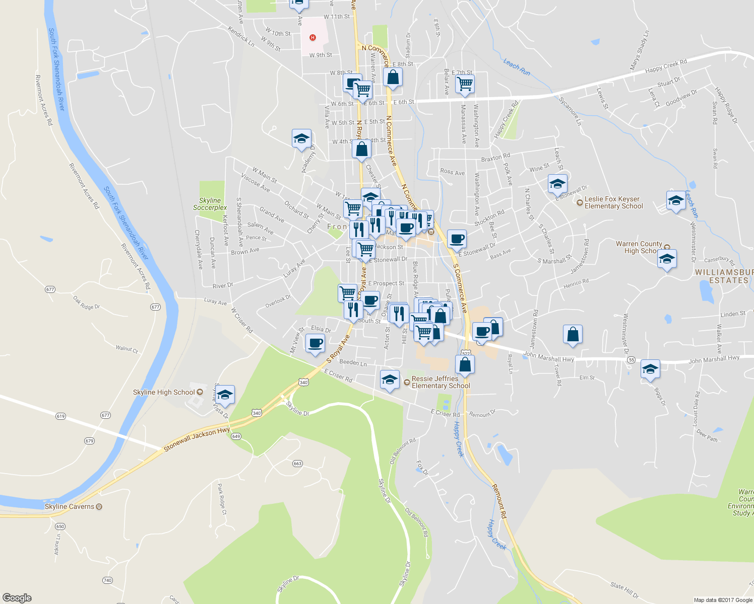 map of restaurants, bars, coffee shops, grocery stores, and more near 211 Laurel Street in Front Royal