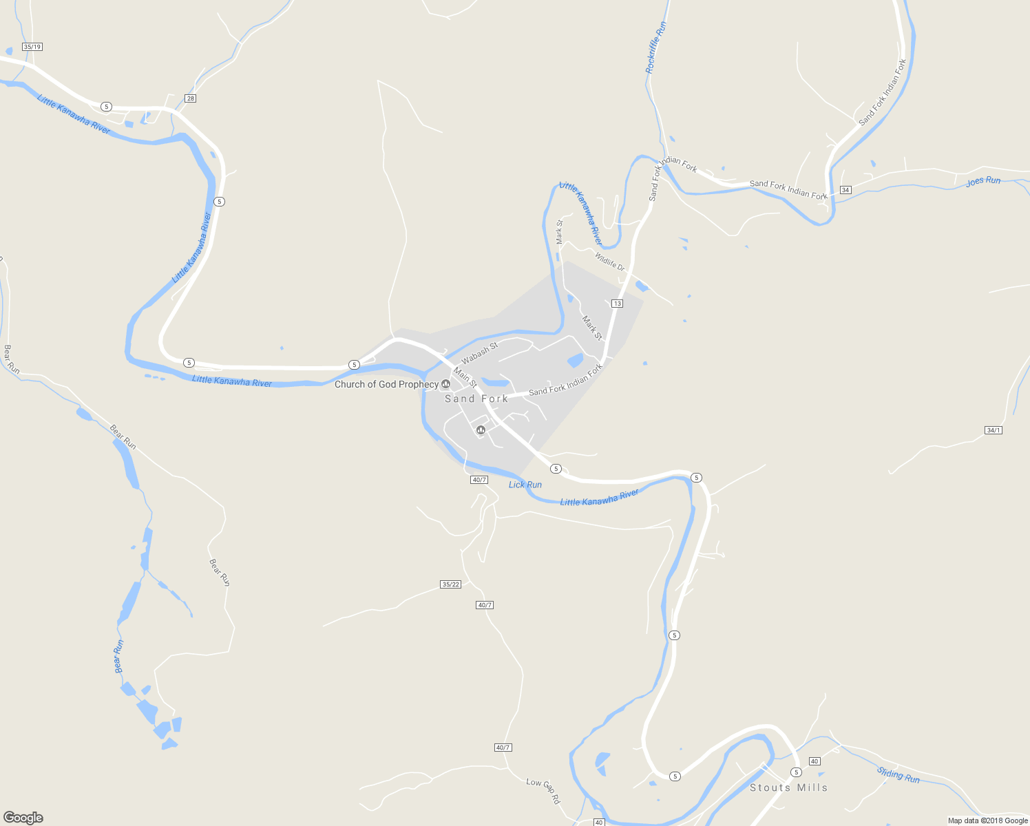 map of restaurants, bars, coffee shops, grocery stores, and more near Moore Street in Sand Fork