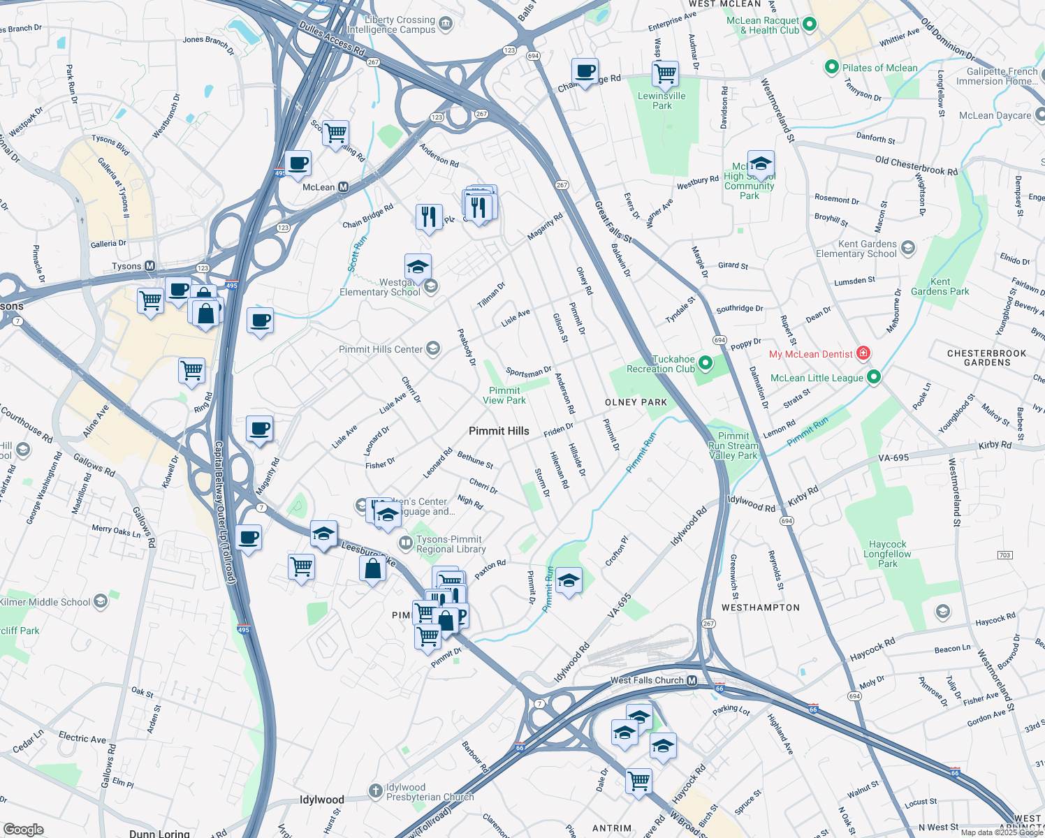map of restaurants, bars, coffee shops, grocery stores, and more near 1923 Storm Drive in Falls Church