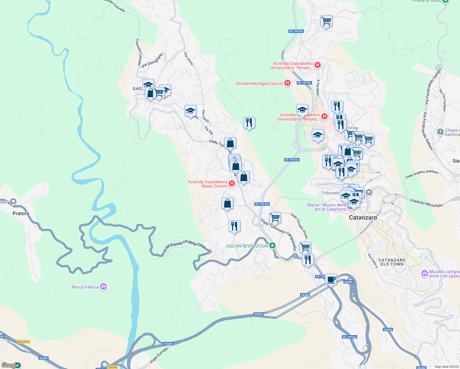 map of restaurants, bars, coffee shops, grocery stores, and more near 10 Via Michele Torcia in Catanzaro