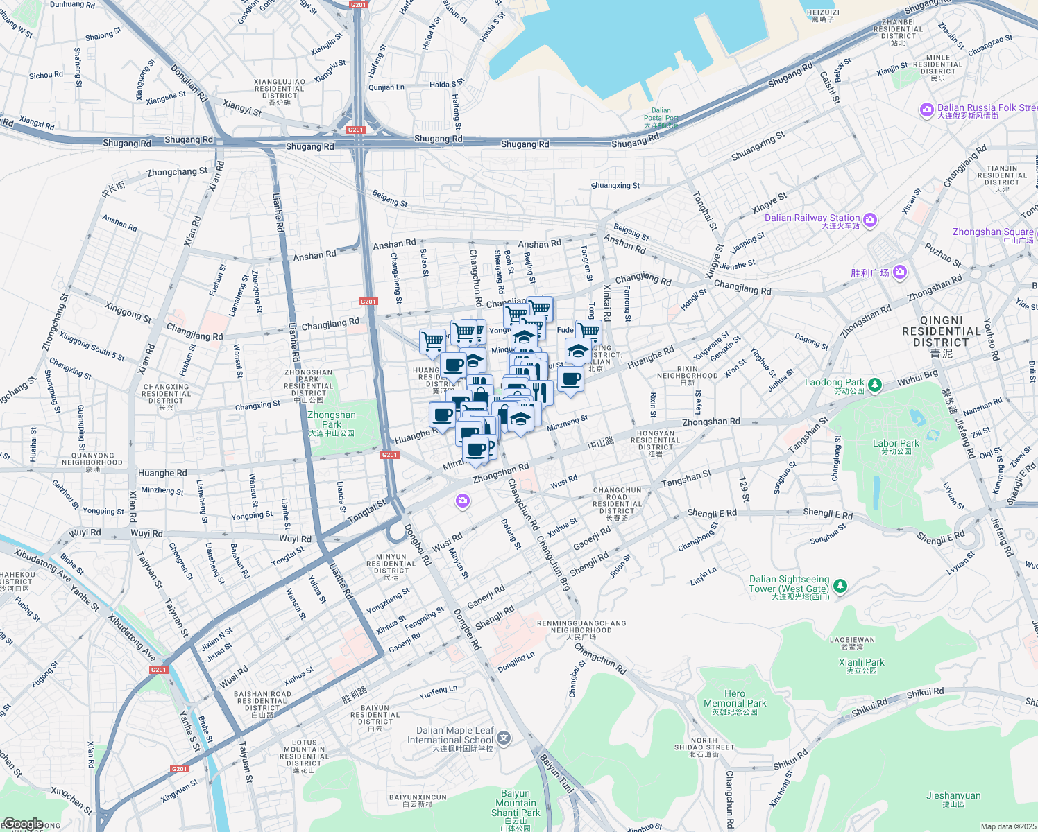 map of restaurants, bars, coffee shops, grocery stores, and more near 121 Shen Yang Lu in Dalian Shi