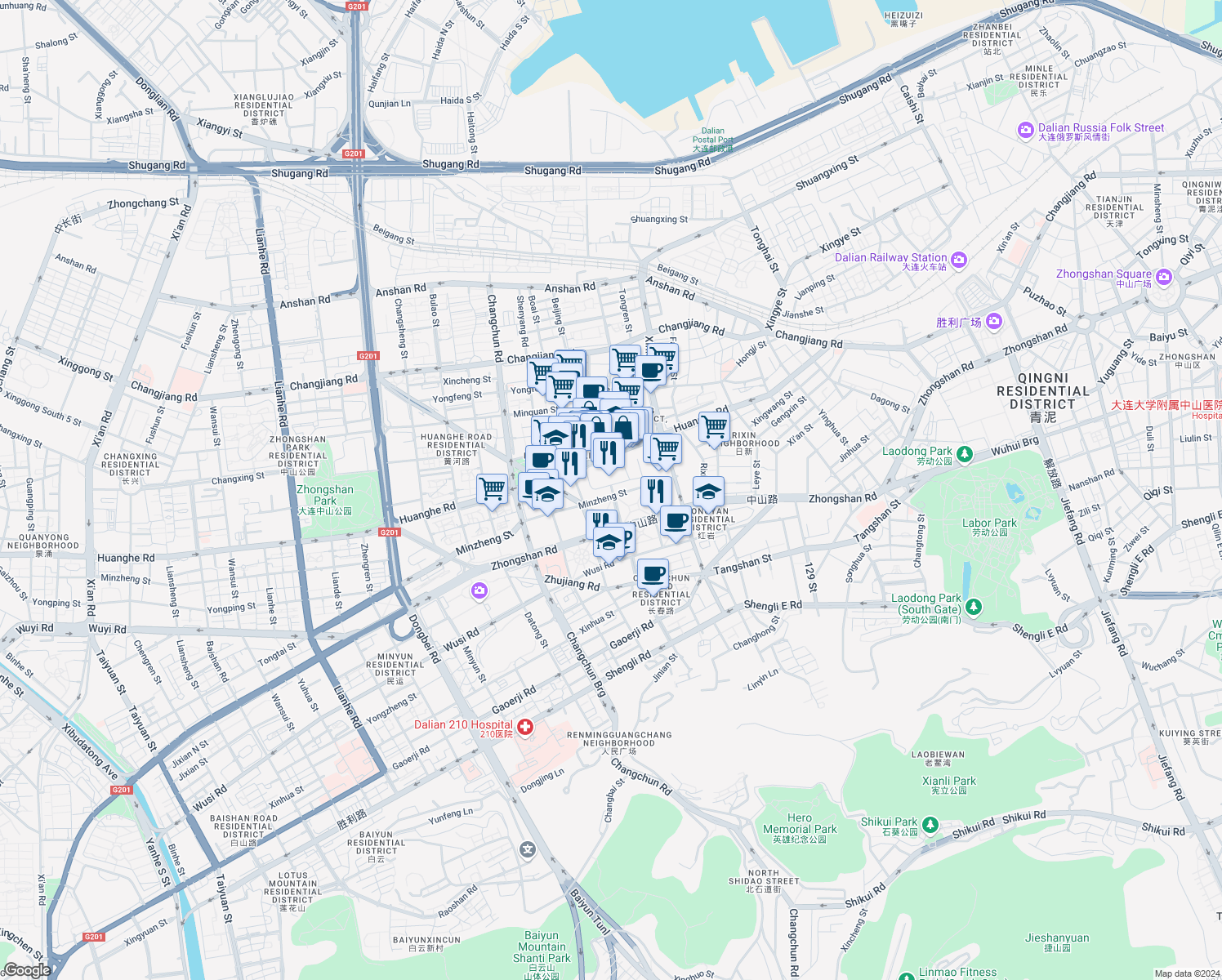 map of restaurants, bars, coffee shops, grocery stores, and more near Beijing Street in Da Lian Shi