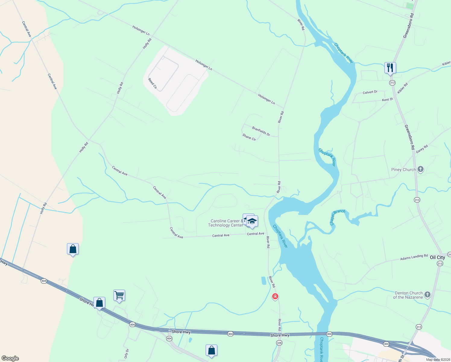 map of restaurants, bars, coffee shops, grocery stores, and more near 24743 Burnt Mill Road in Ridgely