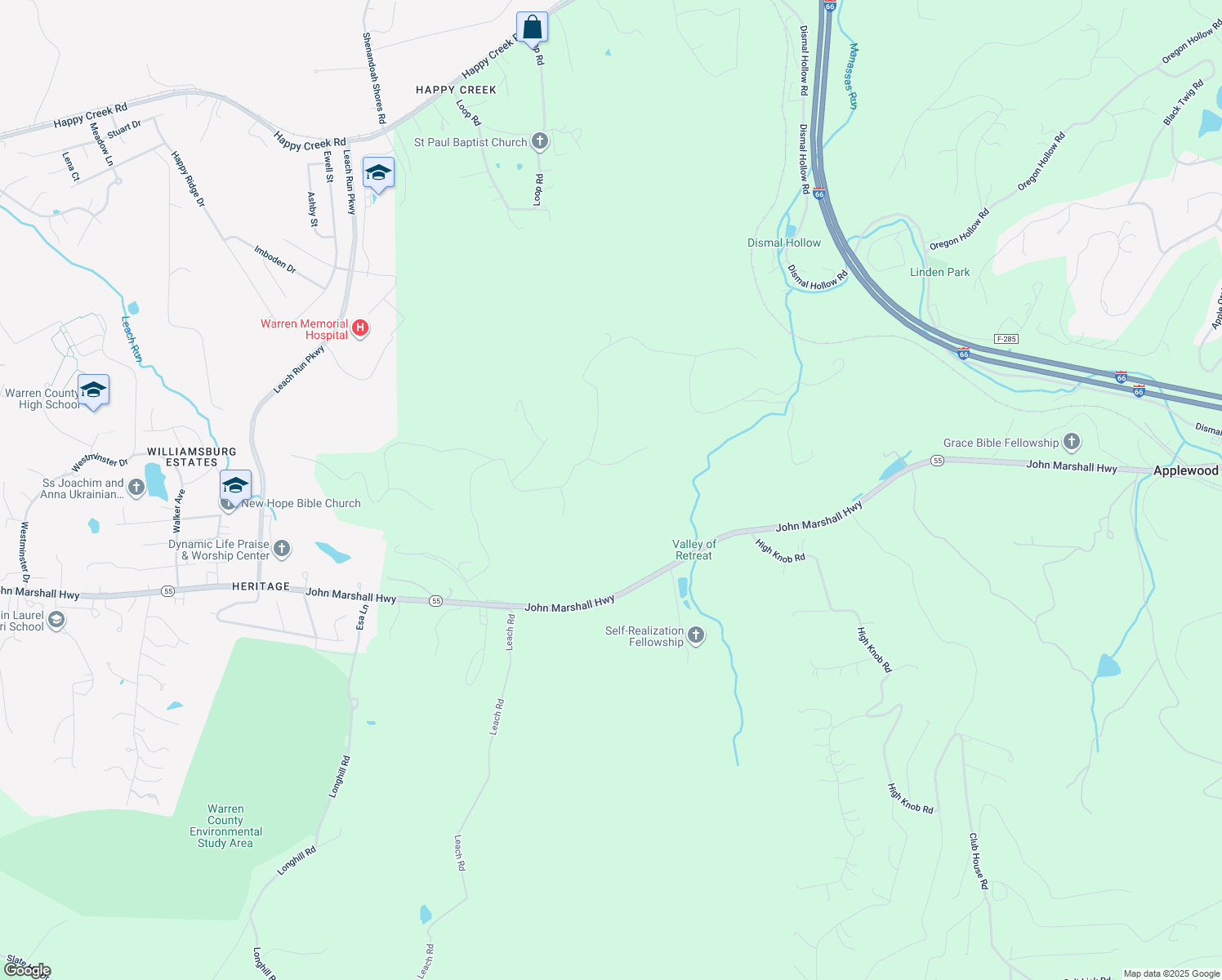 map of restaurants, bars, coffee shops, grocery stores, and more near 64 Green Hill Ridge Court in Front Royal