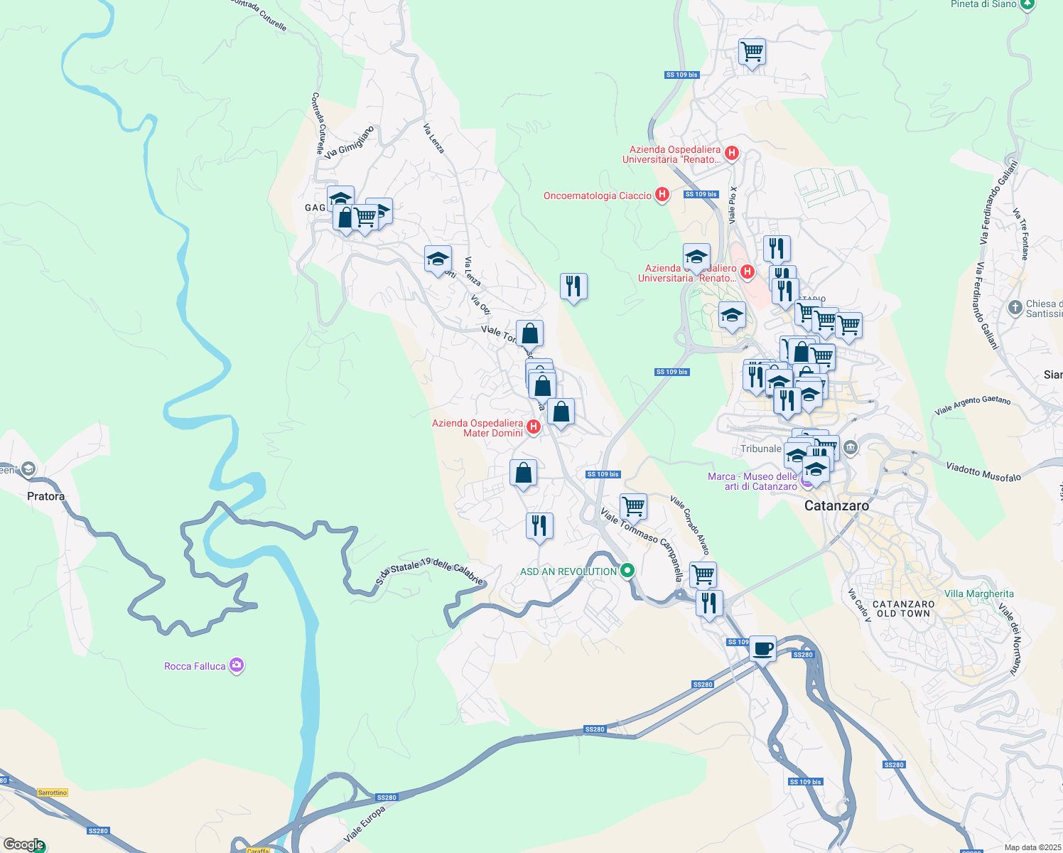map of restaurants, bars, coffee shops, grocery stores, and more near 10 Via Michele Torcia in Catanzaro