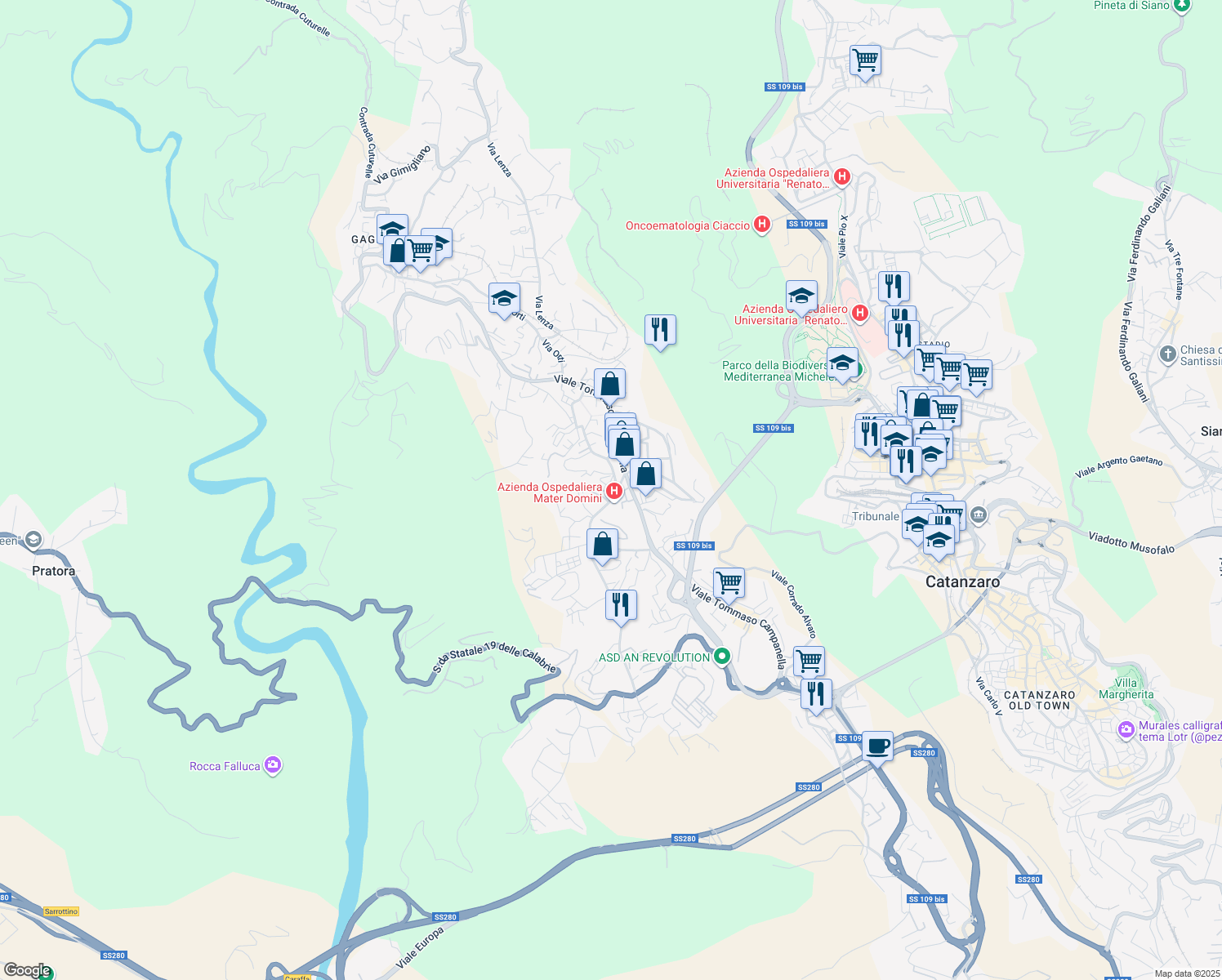 map of restaurants, bars, coffee shops, grocery stores, and more near 10 Via Michele Torcia in Catanzaro