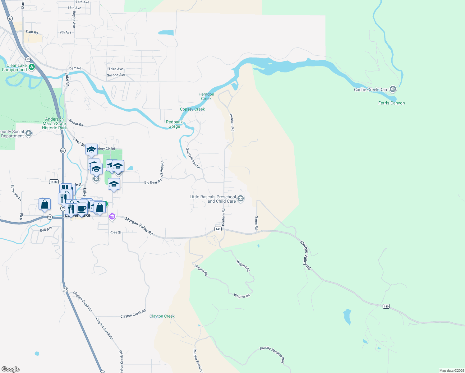 map of restaurants, bars, coffee shops, grocery stores, and more near 9580 Bonham Rd in Lower Lake