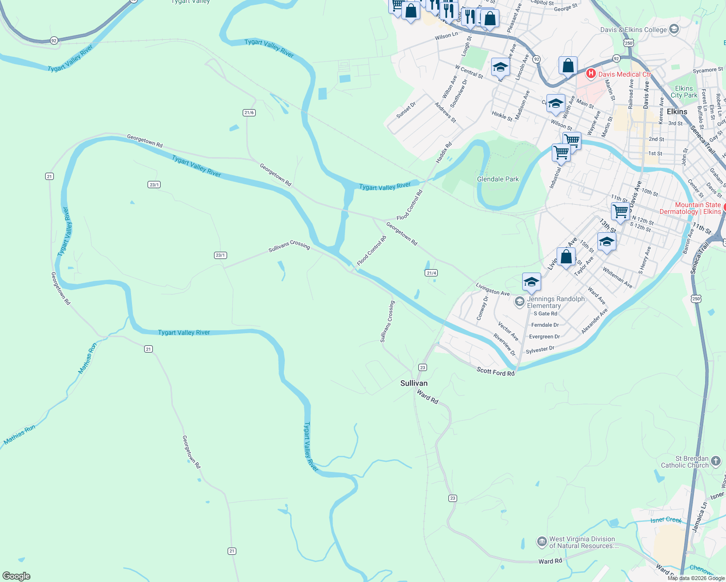 map of restaurants, bars, coffee shops, grocery stores, and more near Sullivans Crossing in Elkins
