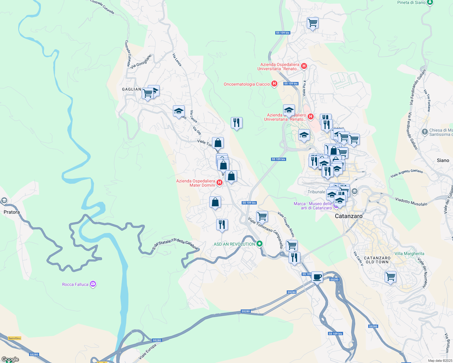 map of restaurants, bars, coffee shops, grocery stores, and more near 68 Viale Tommaso Campanella in Catanzaro