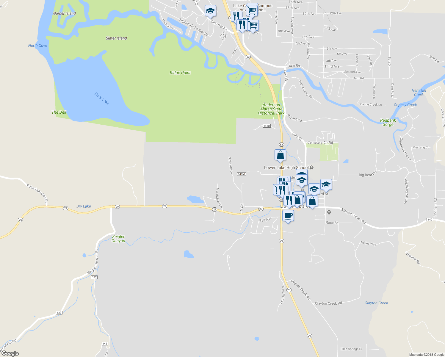 map of restaurants, bars, coffee shops, grocery stores, and more near 9508 Marshview Way in Lower Lake
