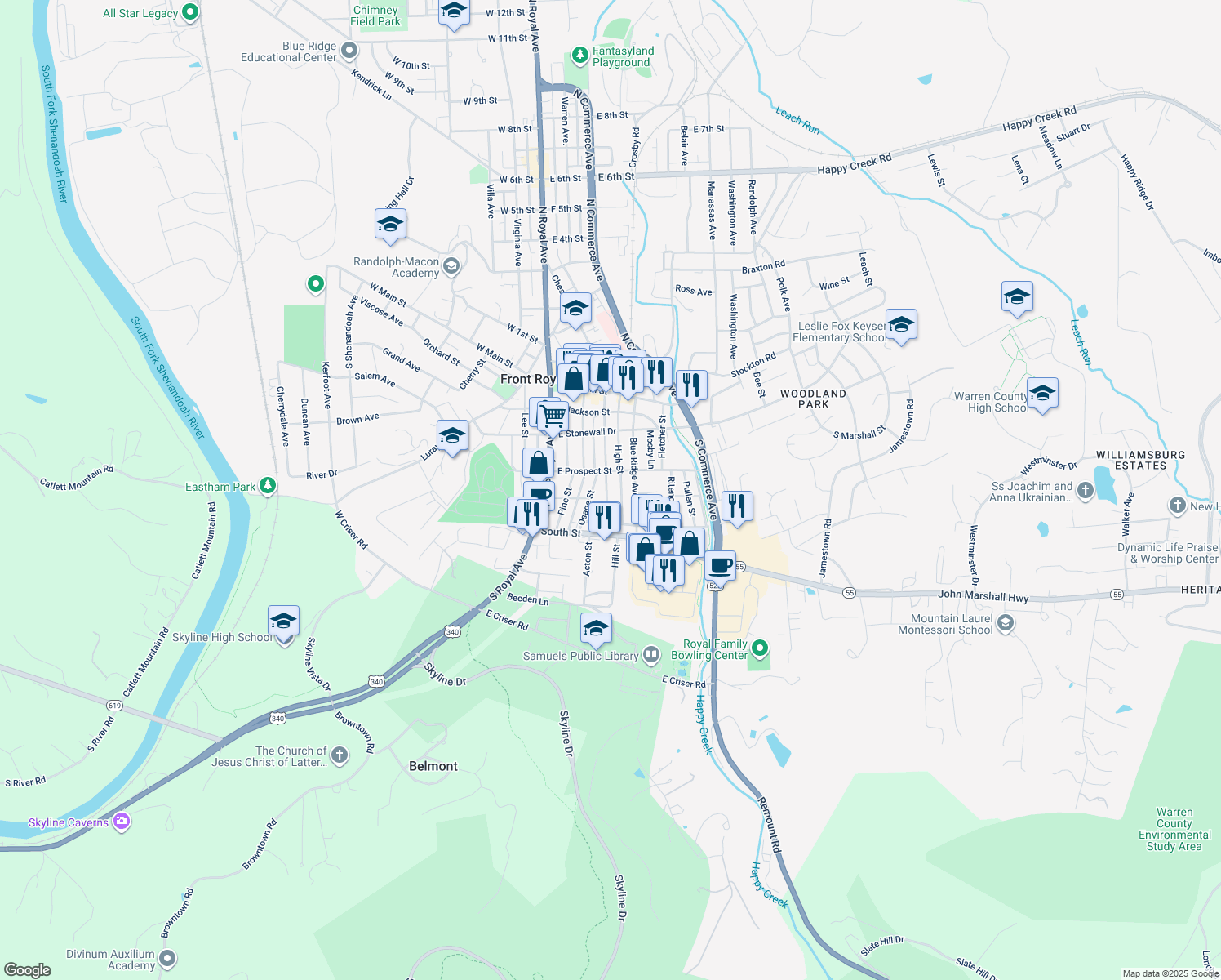 map of restaurants, bars, coffee shops, grocery stores, and more near 320 Cloud Street in Front Royal