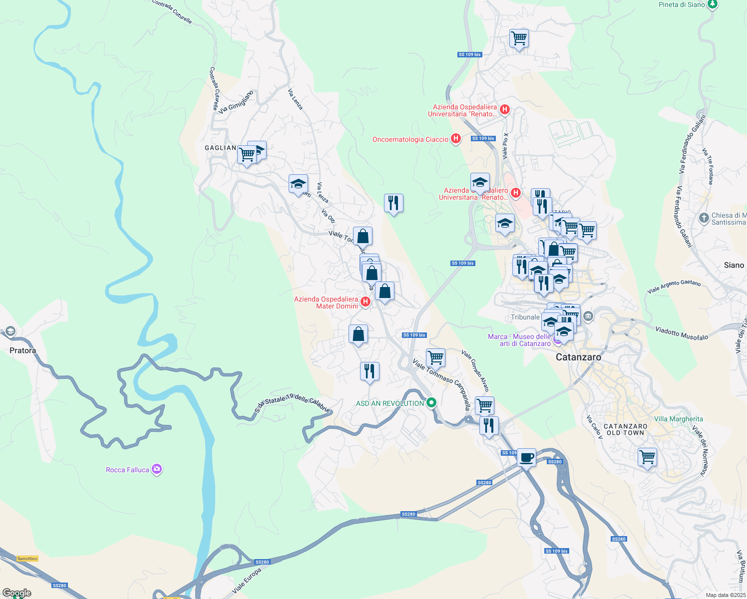 map of restaurants, bars, coffee shops, grocery stores, and more near 68 Viale Tommaso Campanella in Catanzaro