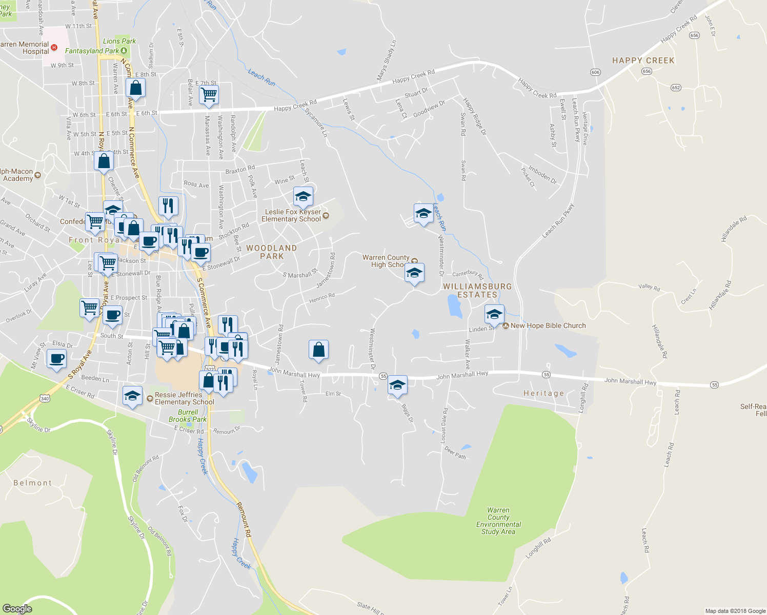map of restaurants, bars, coffee shops, grocery stores, and more near 75 Westminster Drive in Front Royal