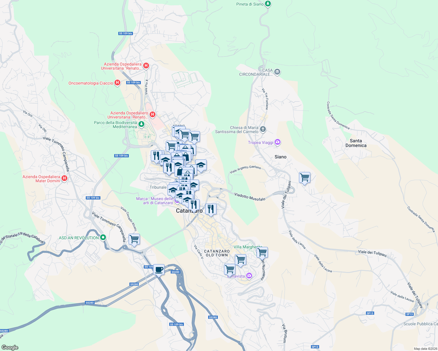 map of restaurants, bars, coffee shops, grocery stores, and more near 57 Via Eugenio de Riso in Catanzaro