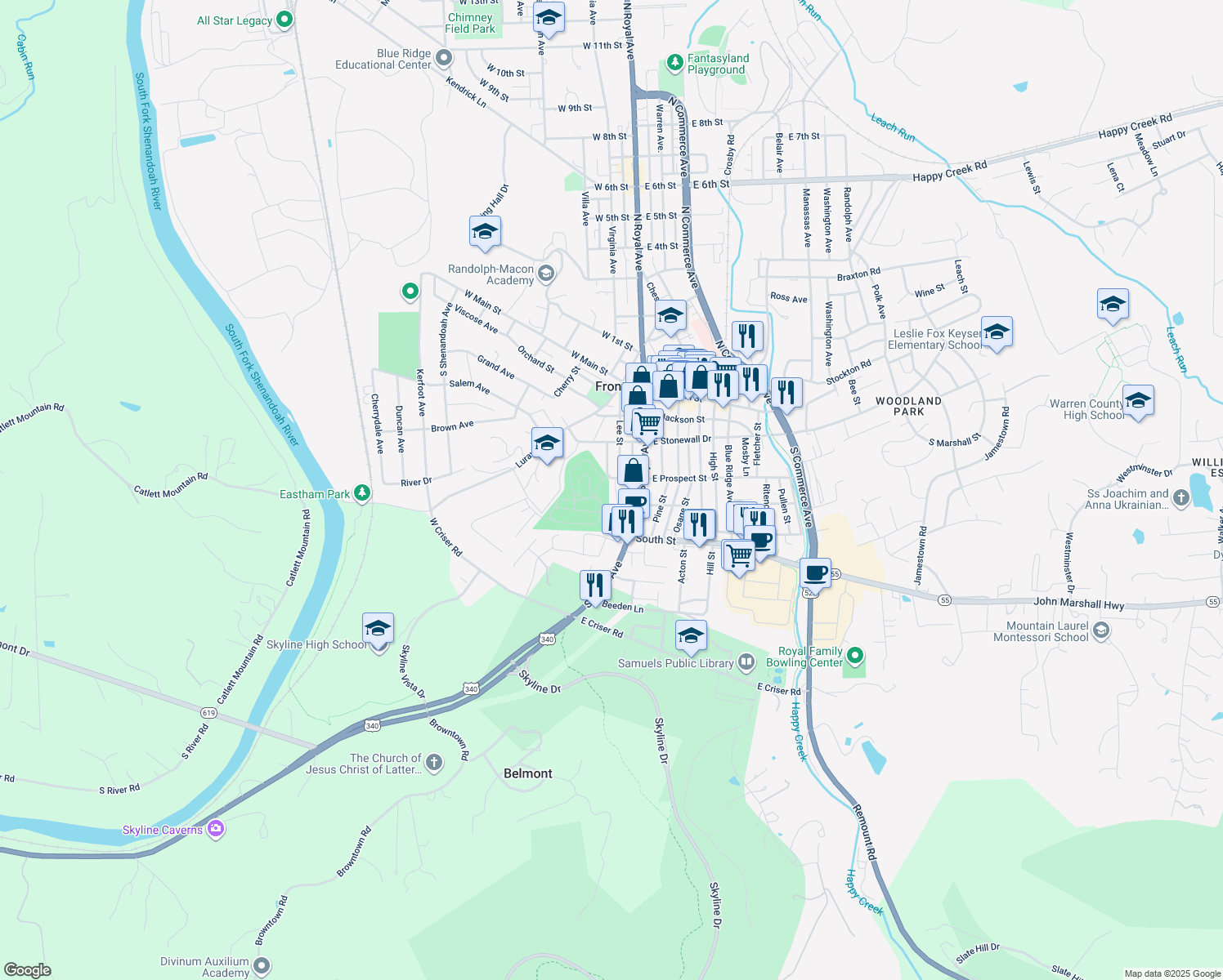 map of restaurants, bars, coffee shops, grocery stores, and more near 311 Lee Street in Front Royal