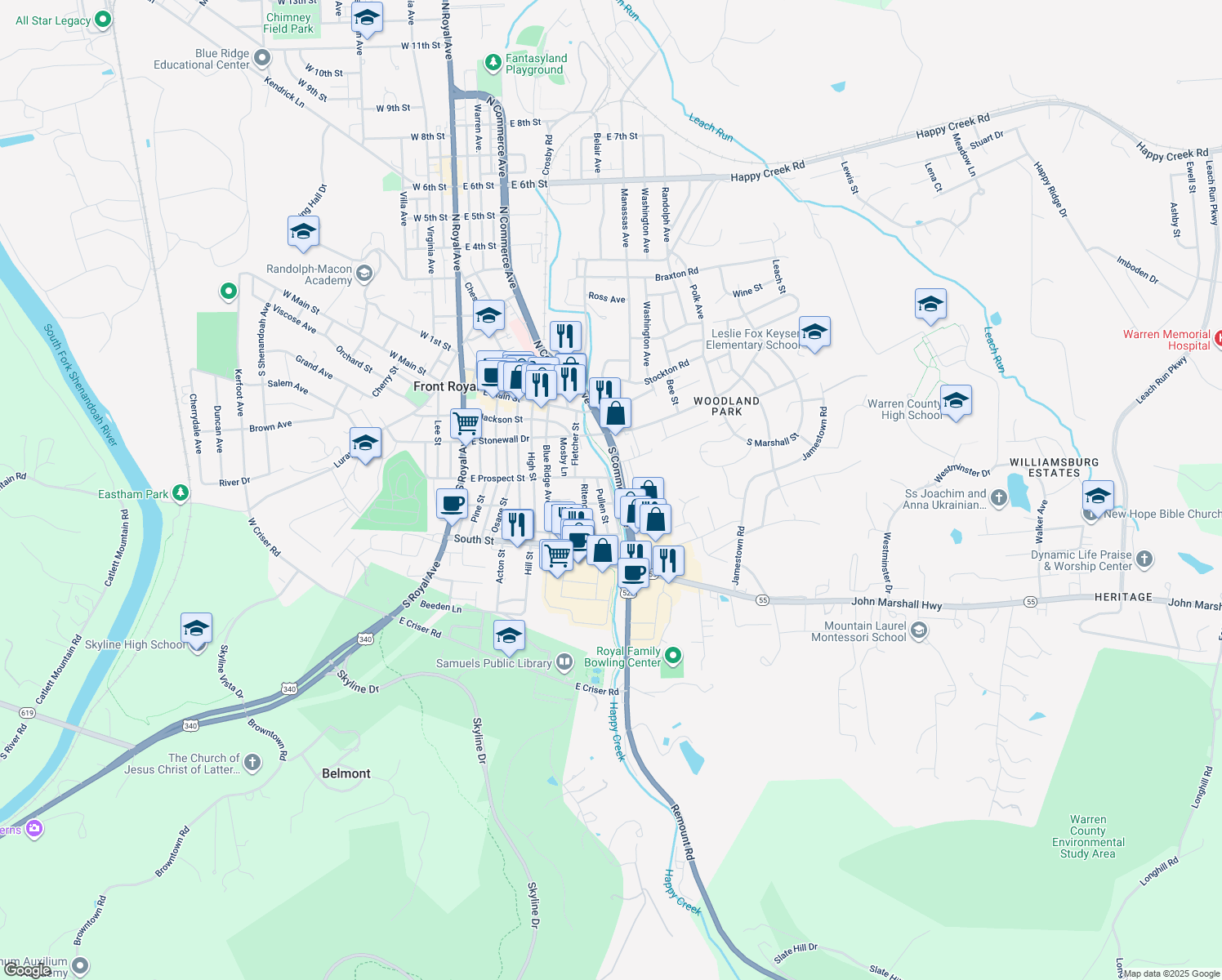 map of restaurants, bars, coffee shops, grocery stores, and more near 309 Front Street in Front Royal