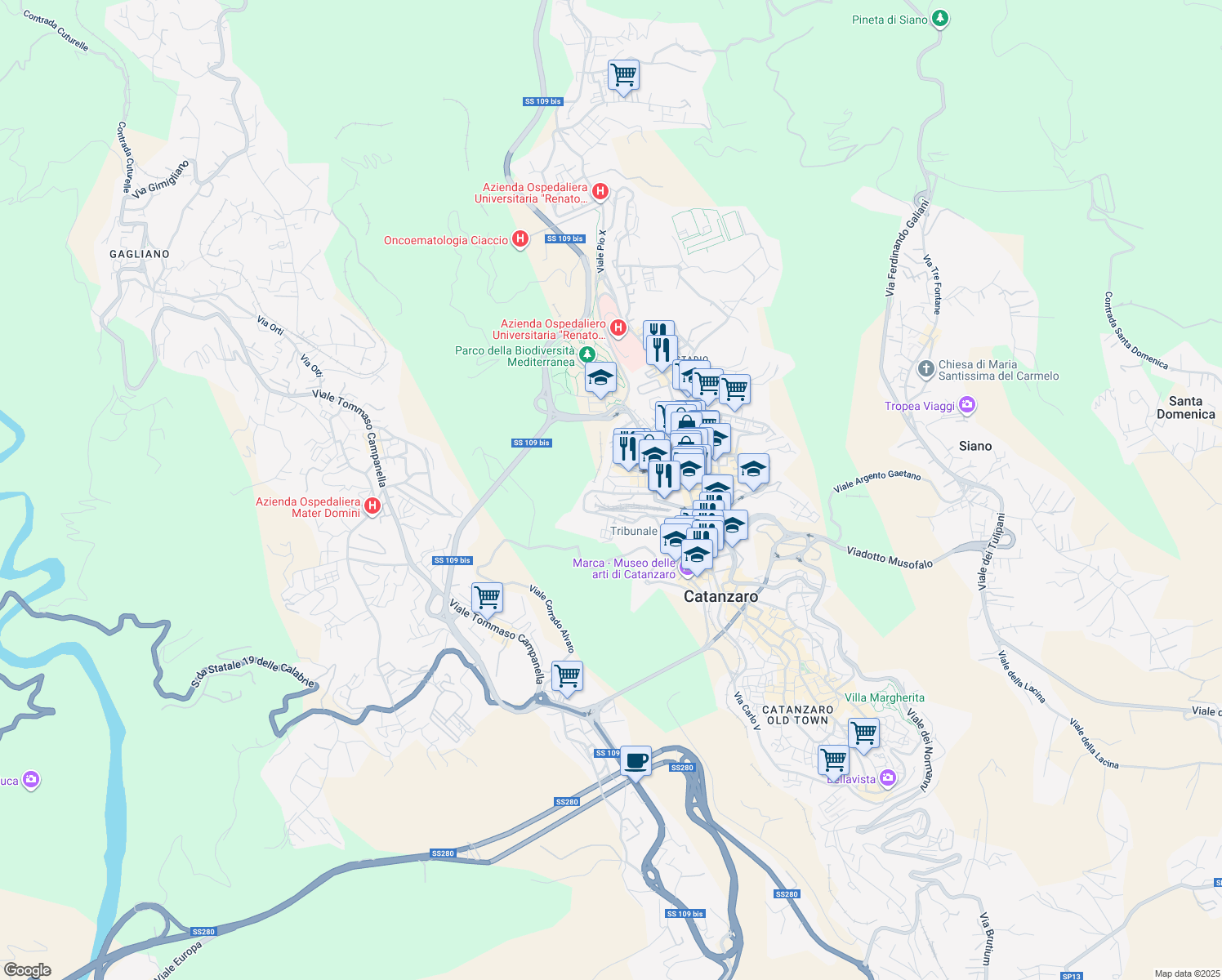 map of restaurants, bars, coffee shops, grocery stores, and more near 7 Via Azaria Tedeschi in Catanzaro