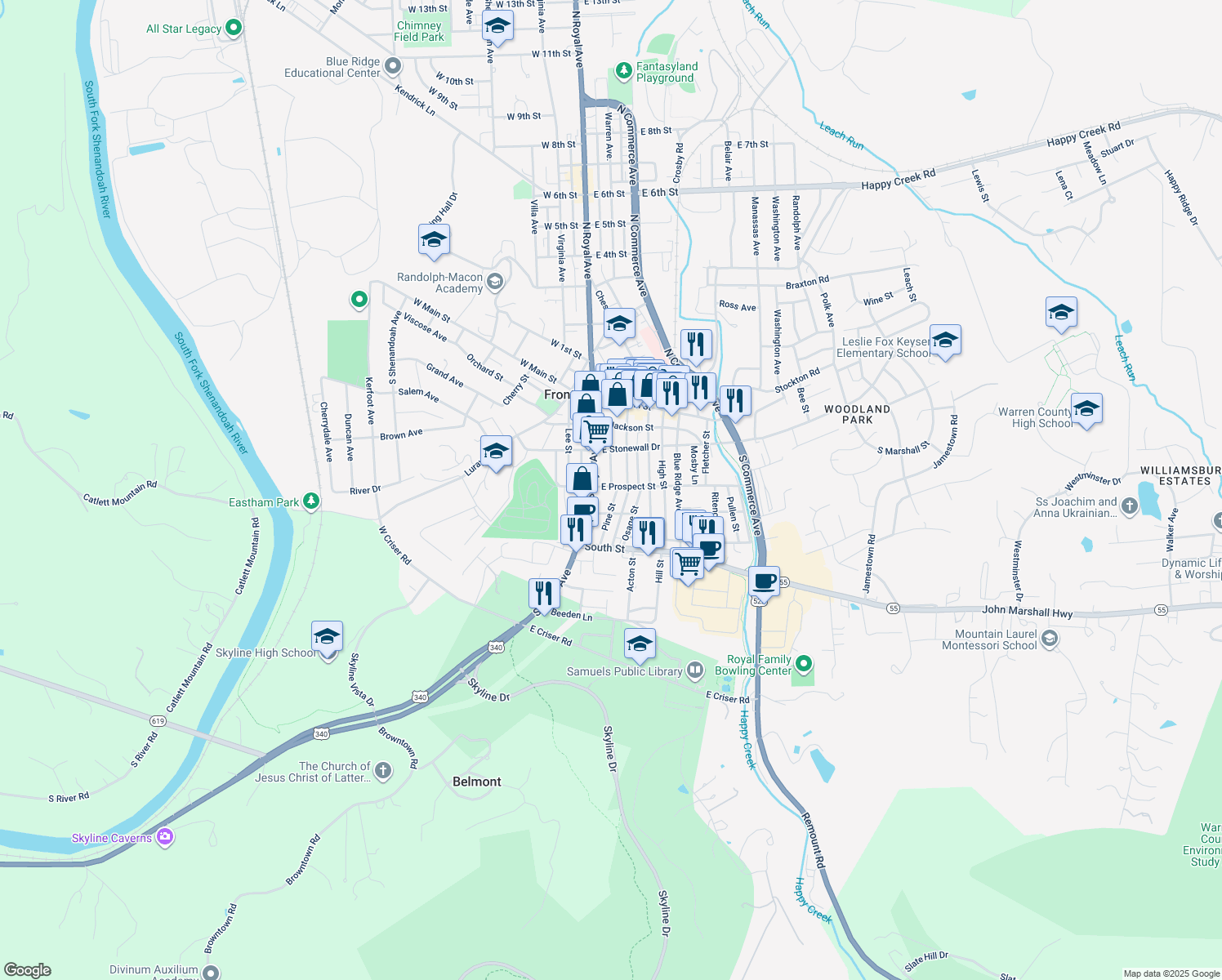 map of restaurants, bars, coffee shops, grocery stores, and more near 19 East Prospect Street in Front Royal