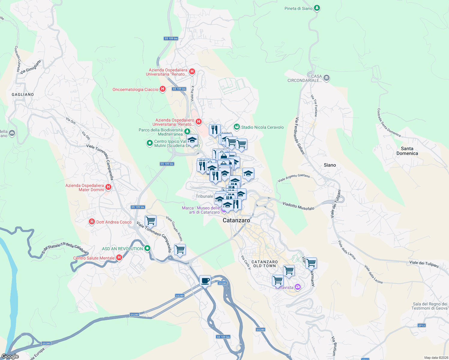 map of restaurants, bars, coffee shops, grocery stores, and more near 2 Via Vittorio Veneto in Catanzaro