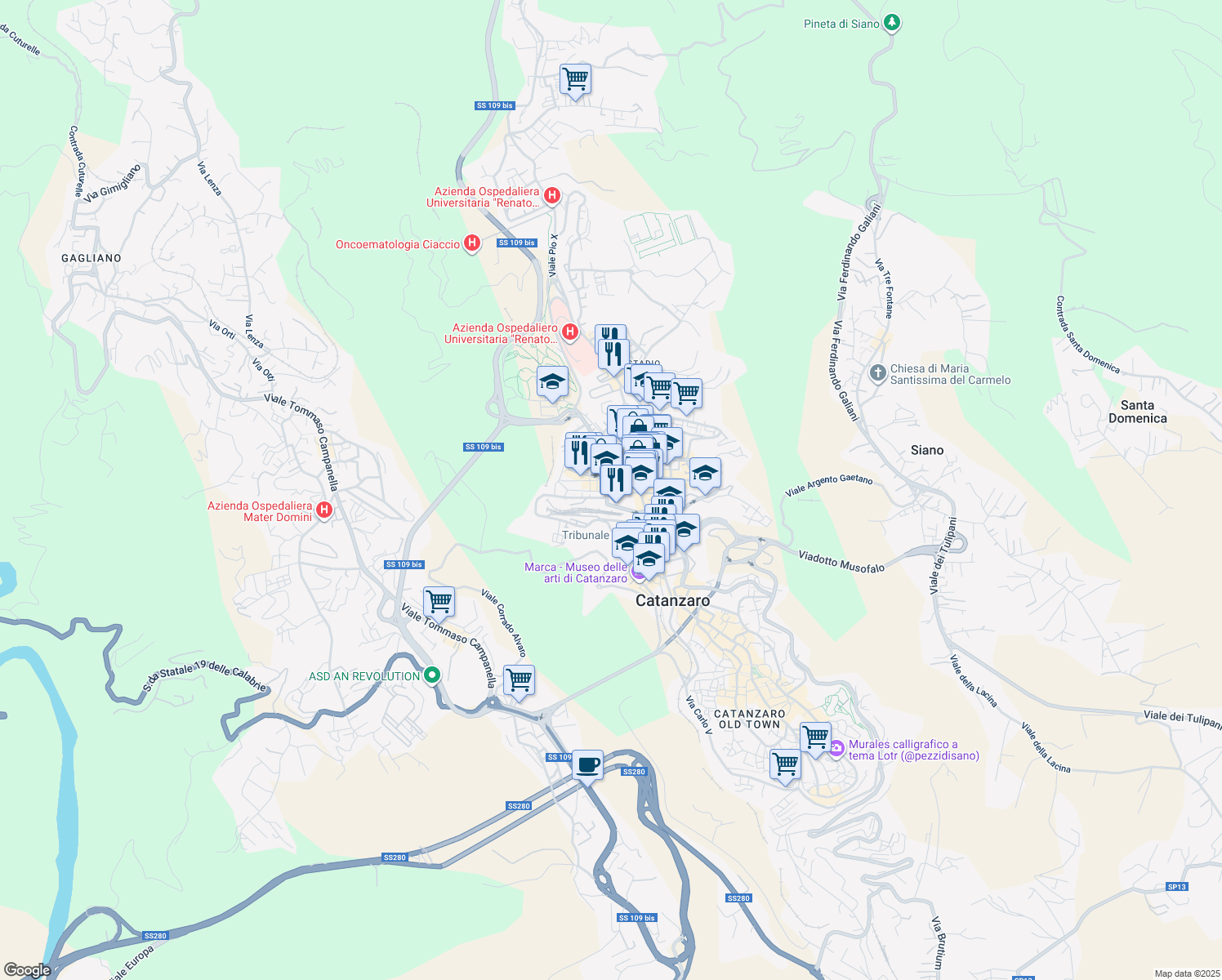 map of restaurants, bars, coffee shops, grocery stores, and more near 45 Piazza Montegrappa in Catanzaro