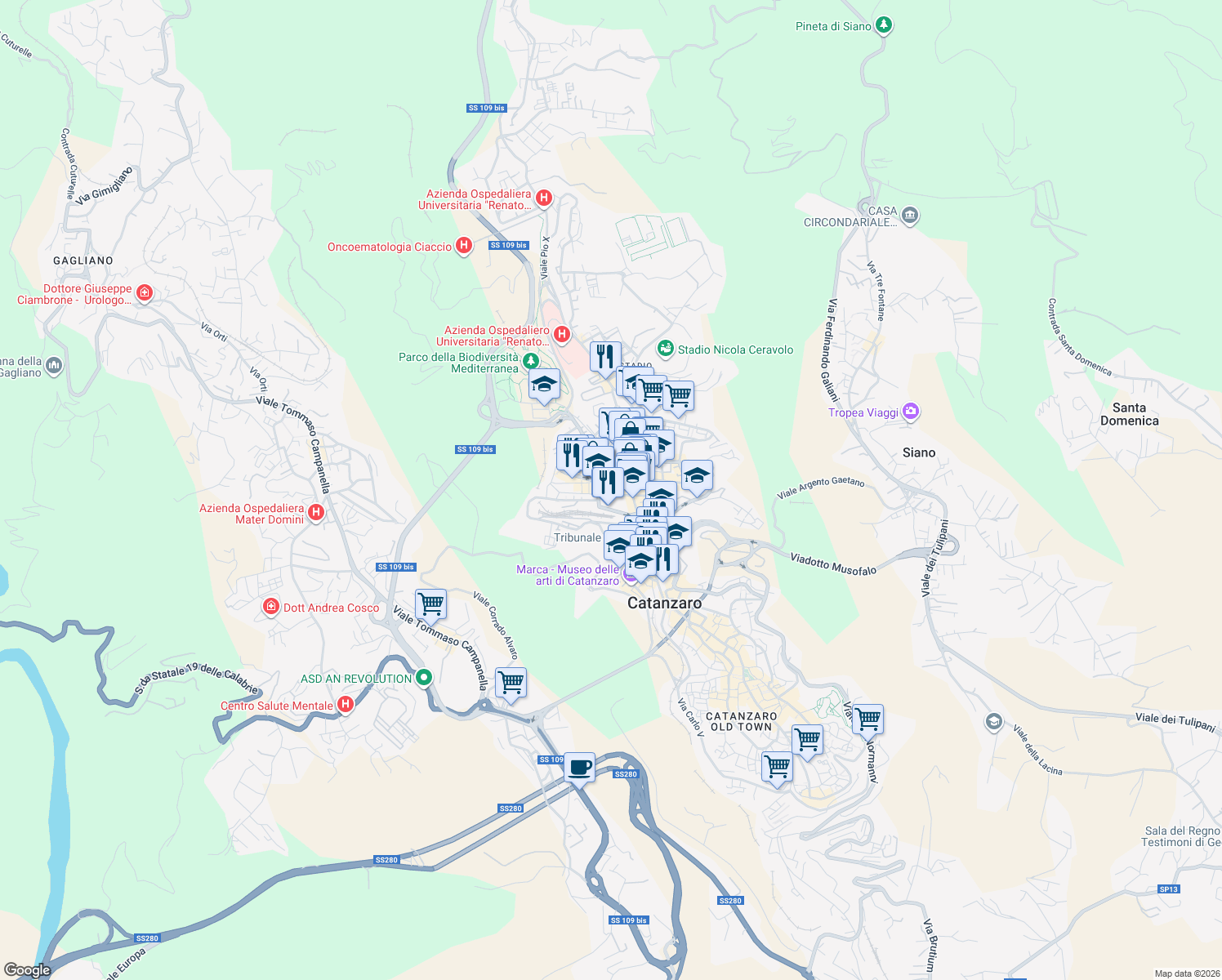 map of restaurants, bars, coffee shops, grocery stores, and more near 2 Via Vittorio Veneto in Catanzaro