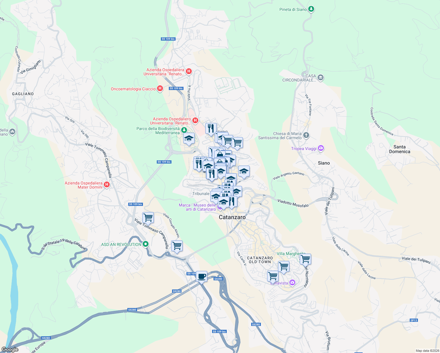 map of restaurants, bars, coffee shops, grocery stores, and more near 2 Via Vittorio Veneto in Catanzaro