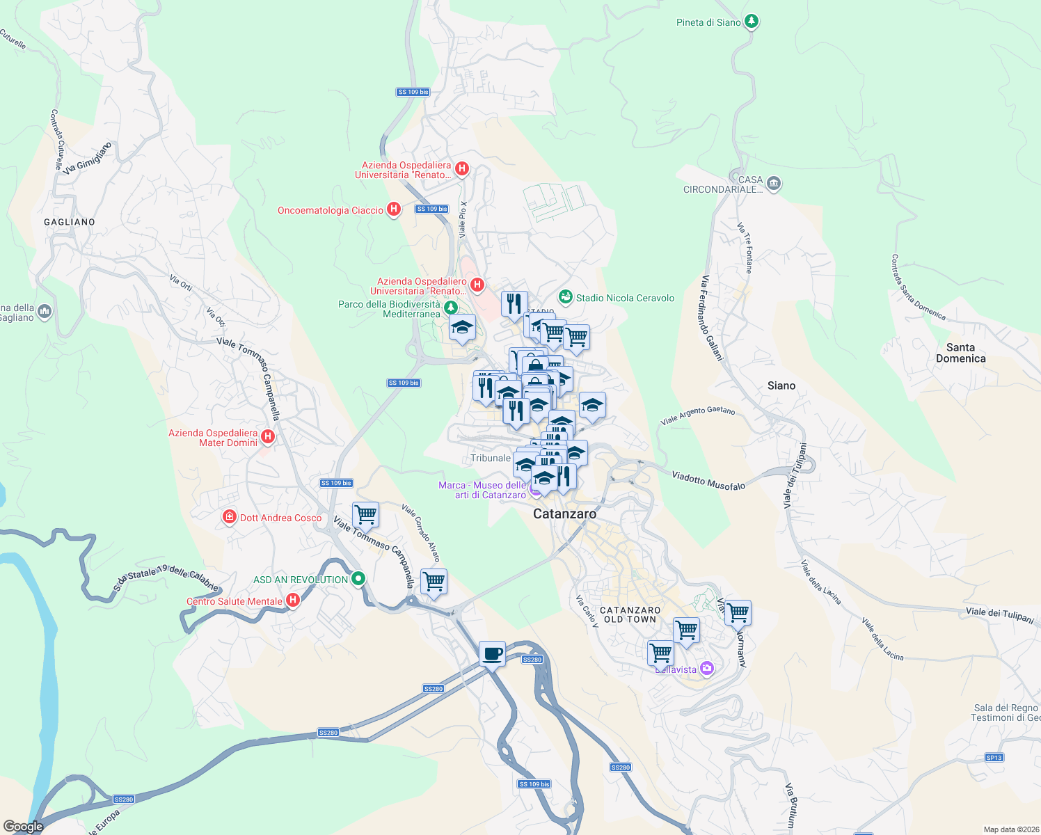 map of restaurants, bars, coffee shops, grocery stores, and more near 2 Via Vittorio Veneto in Catanzaro
