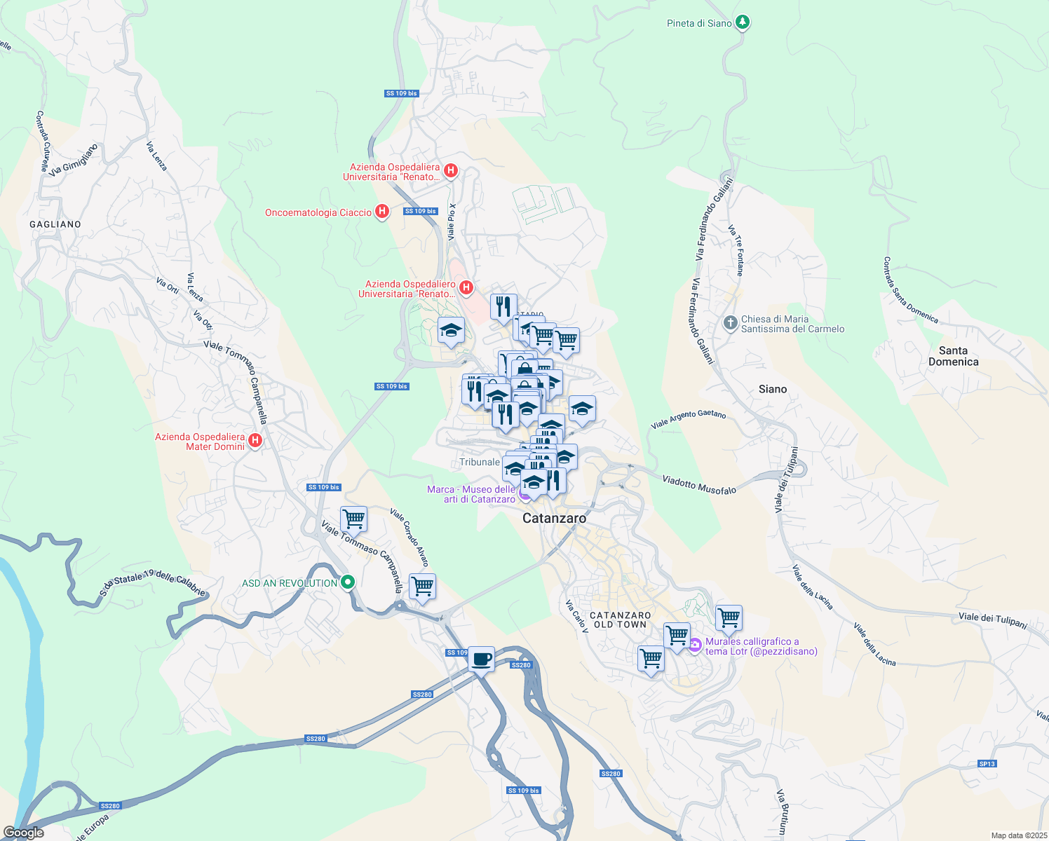 map of restaurants, bars, coffee shops, grocery stores, and more near 2 Via Vittorio Veneto in Catanzaro