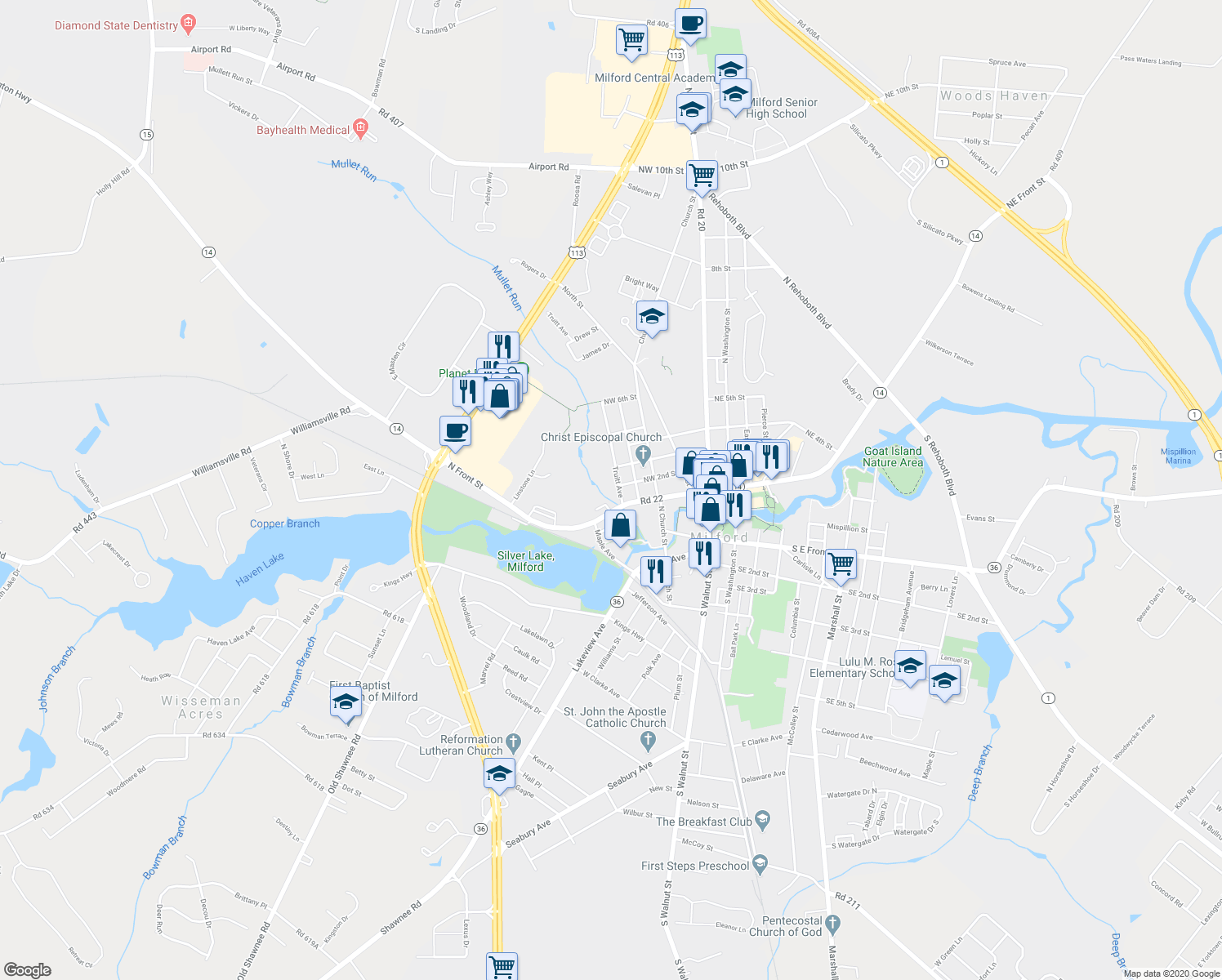 map of restaurants, bars, coffee shops, grocery stores, and more near 112 Truitt Avenue in Milford