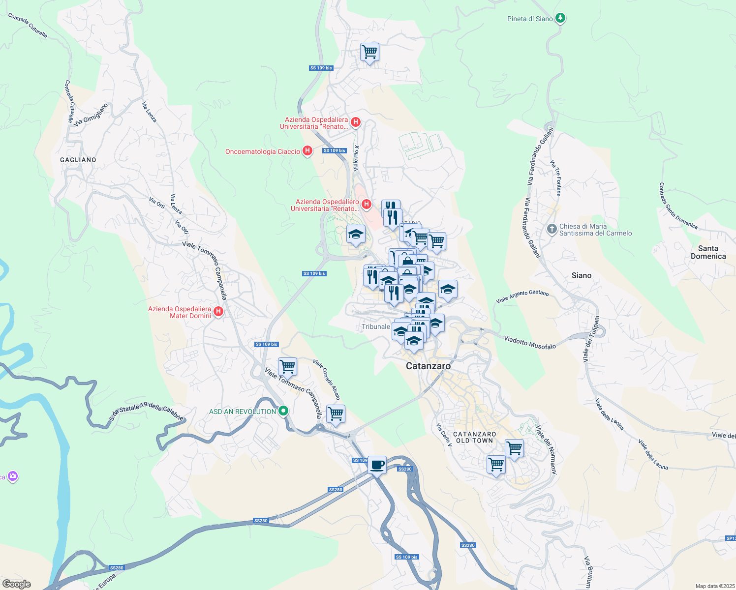 map of restaurants, bars, coffee shops, grocery stores, and more near 7 Via Azaria Tedeschi in Catanzaro