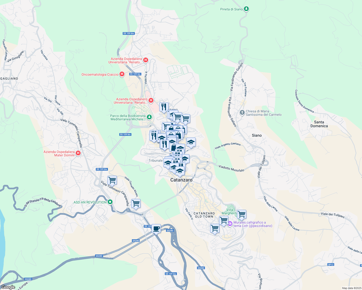 map of restaurants, bars, coffee shops, grocery stores, and more near 45 Via Alcide de Gasperi in Catanzaro