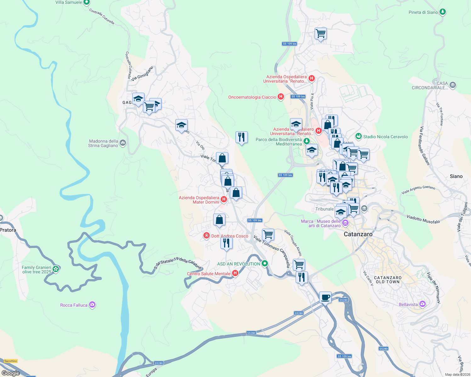 map of restaurants, bars, coffee shops, grocery stores, and more near 96 Viale Tommaso Campanella in Catanzaro