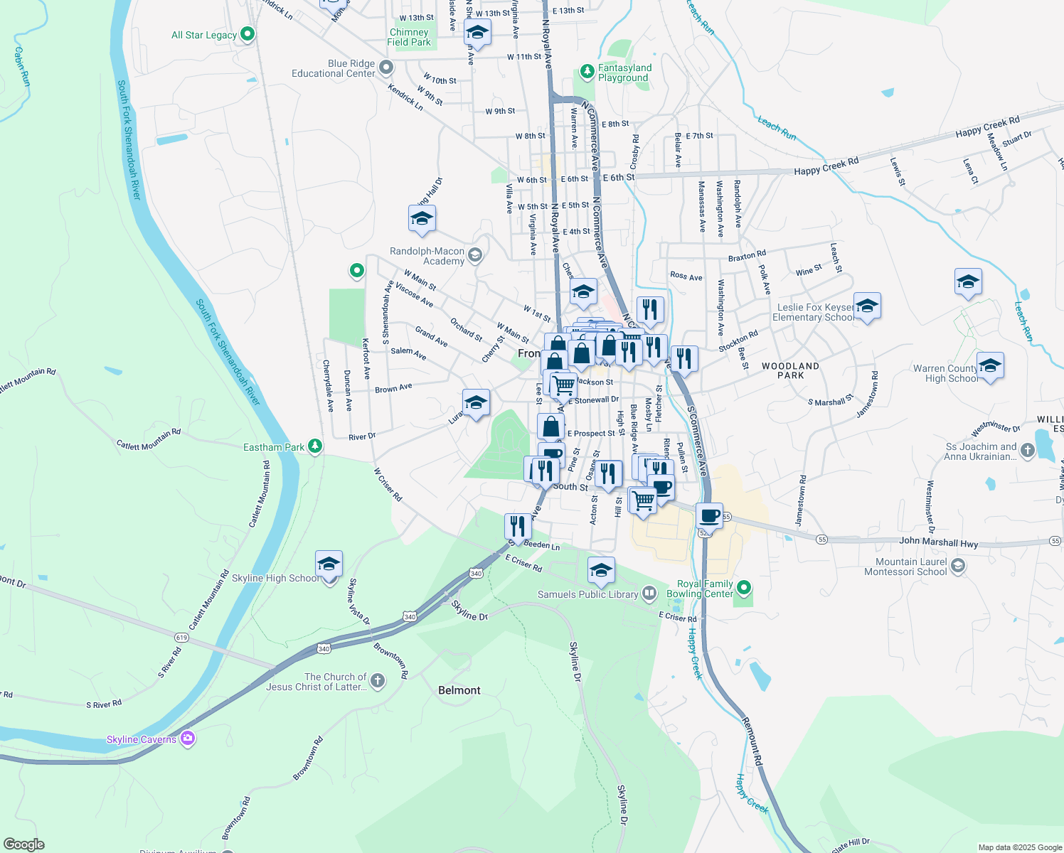 map of restaurants, bars, coffee shops, grocery stores, and more near 233 Lee Street in Front Royal