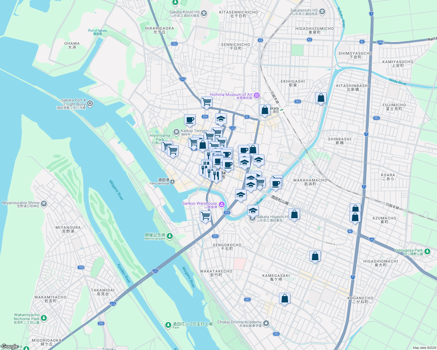 map of restaurants, bars, coffee shops, grocery stores, and more near in Sakata